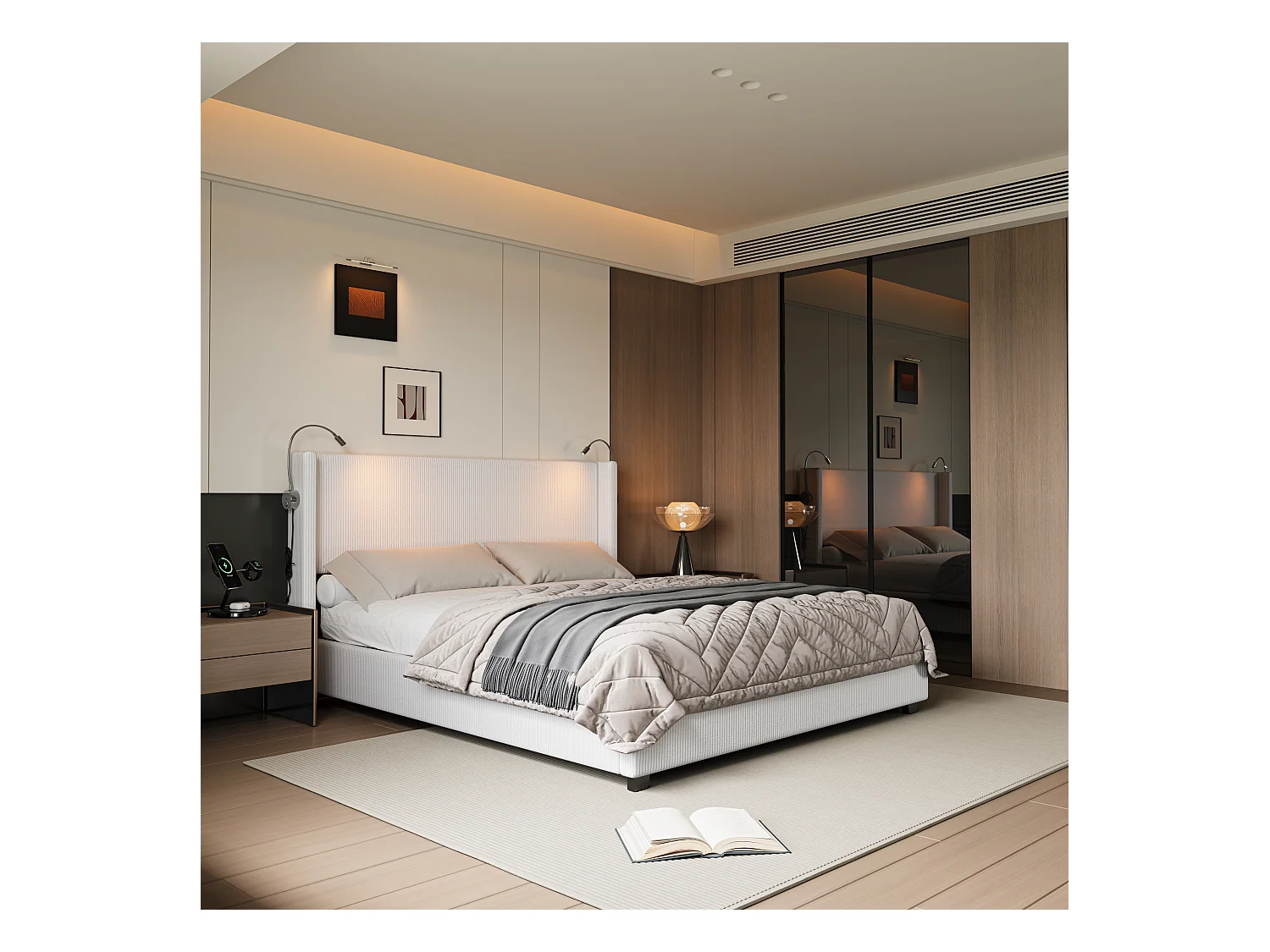 Cama 140 x 200 cm com base de armazenamento, com LED e USB e função de armazenamento, veludo, branco