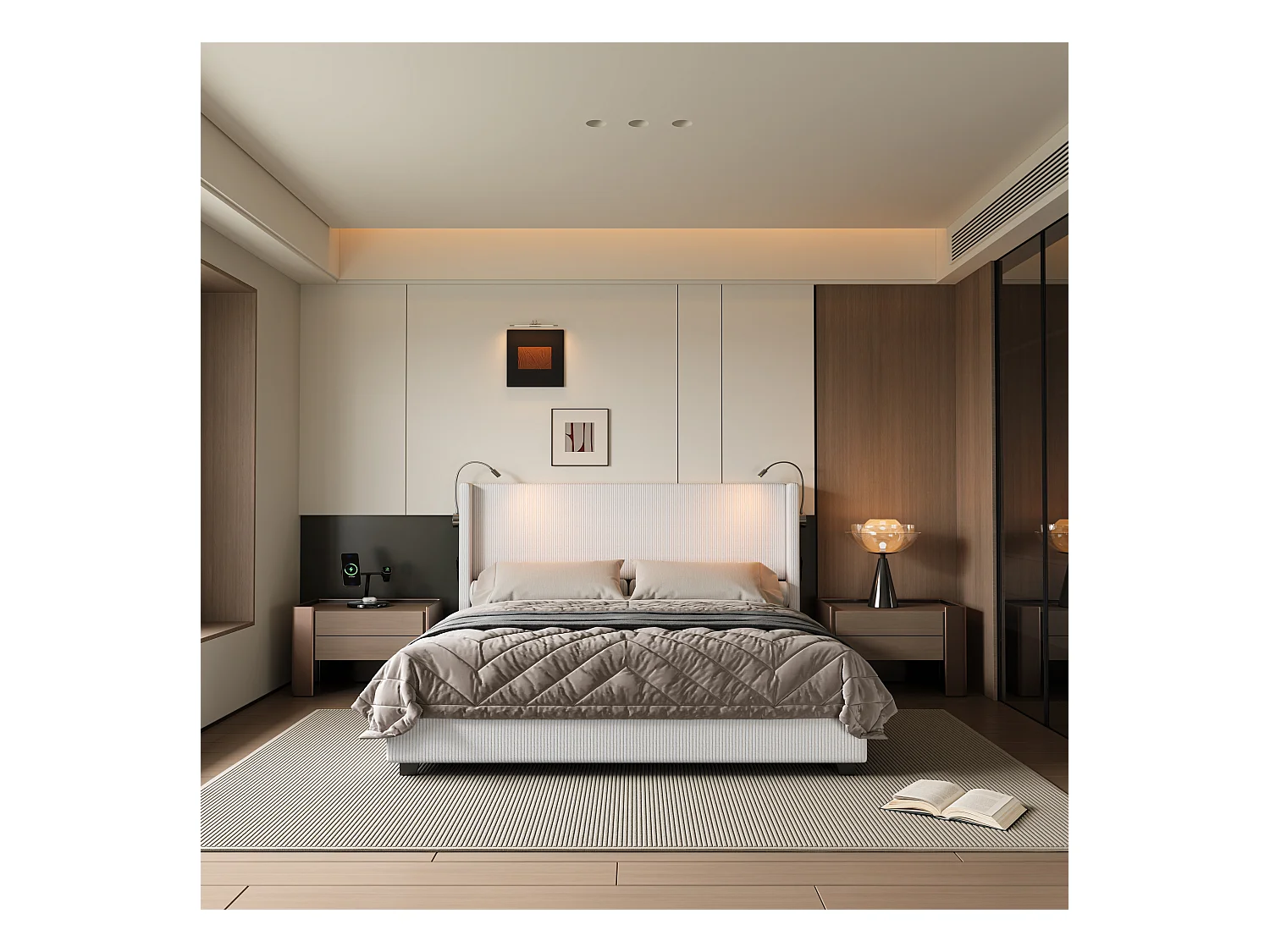 Cama 140 x 200 cm com base de armazenamento, com LED e USB e função de armazenamento, veludo, branco