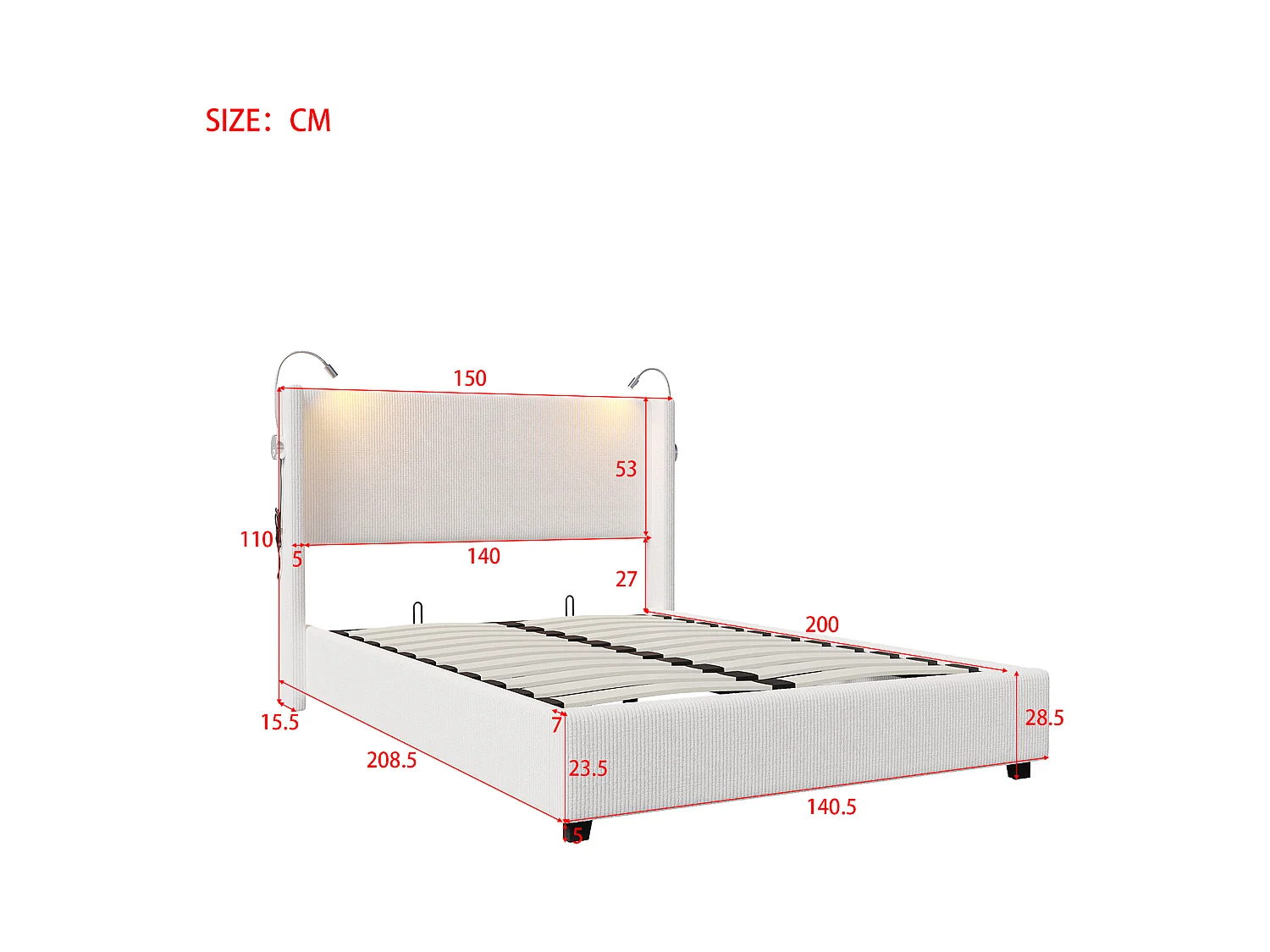 Cama 140 x 200 cm com base de armazenamento, com LED e USB e função de armazenamento, veludo, branco