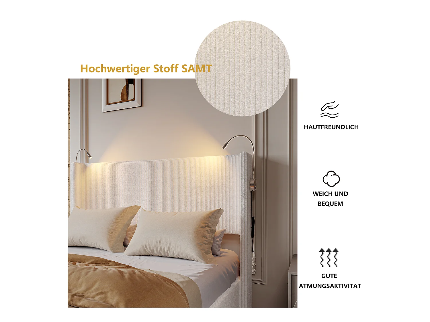 Cama 140 x 200 cm com base de armazenamento, com LED e USB e função de armazenamento, veludo, branco