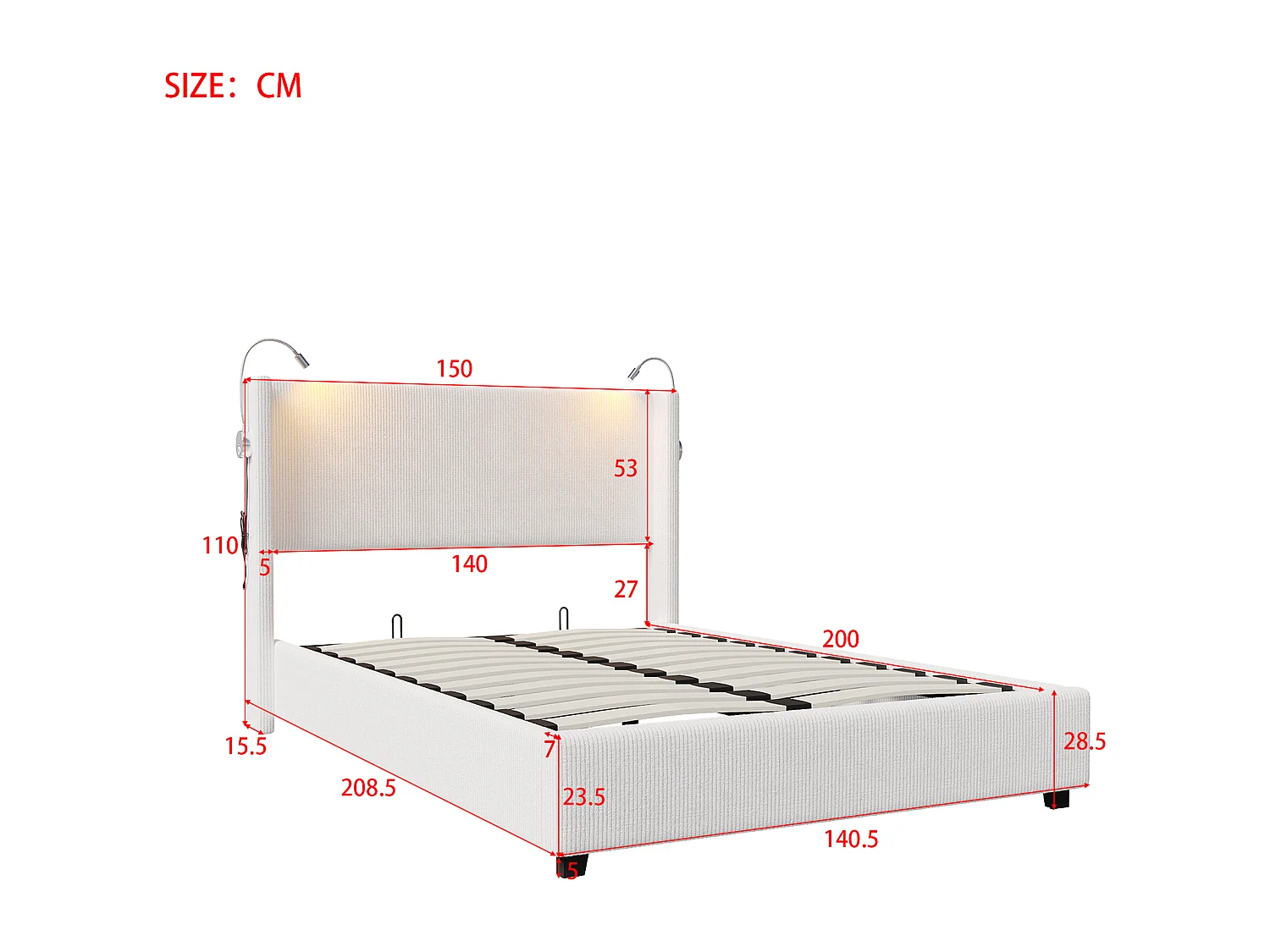 Letto 140 x 200 cm con base contenitore, con LED e USB e funzione contenitore, velluto, bianco