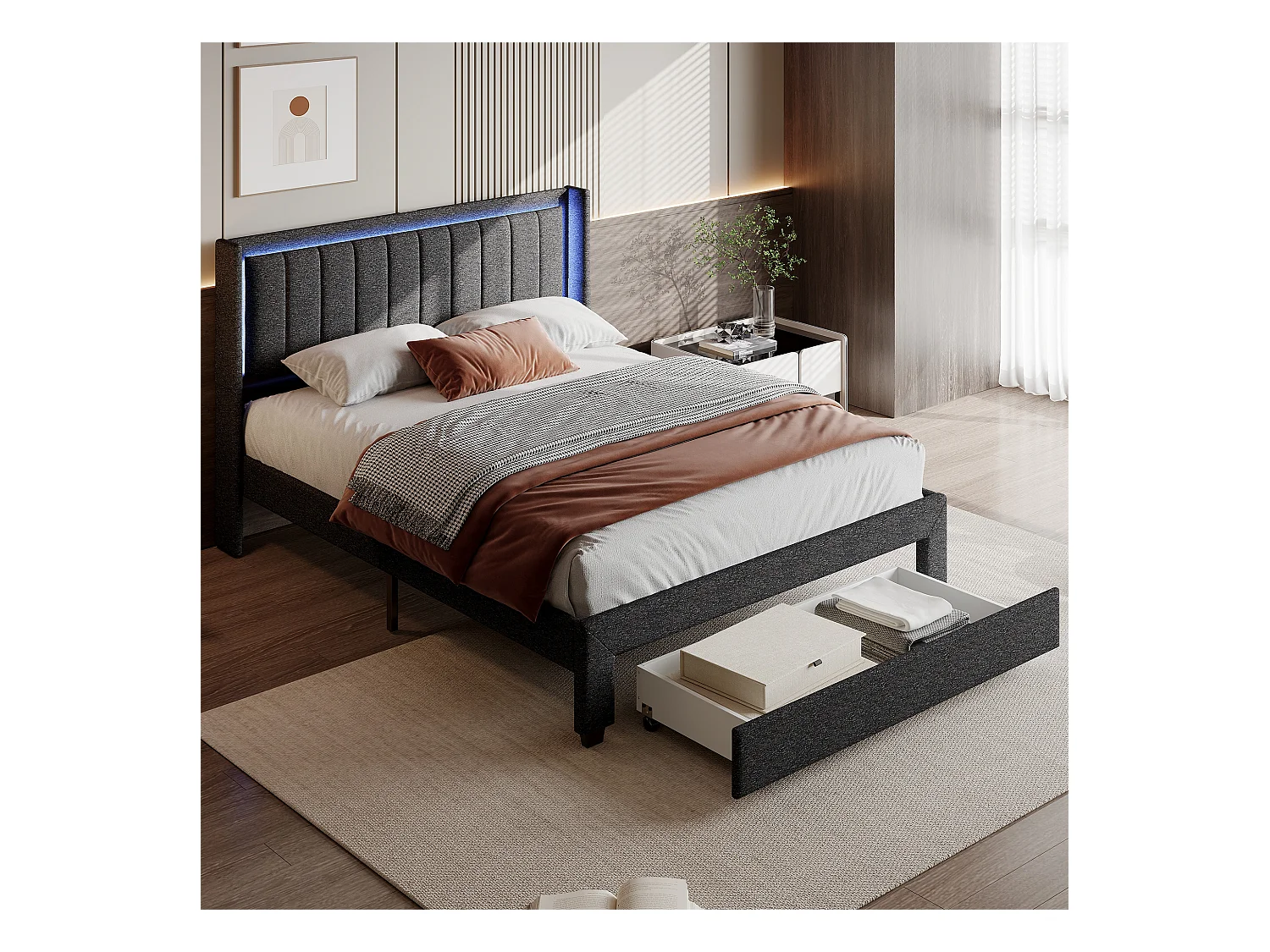 Cama doble de 140 x 200 cm, tapizada, con LED y 2 puertos USB, espacio de almacenamiento, gris
