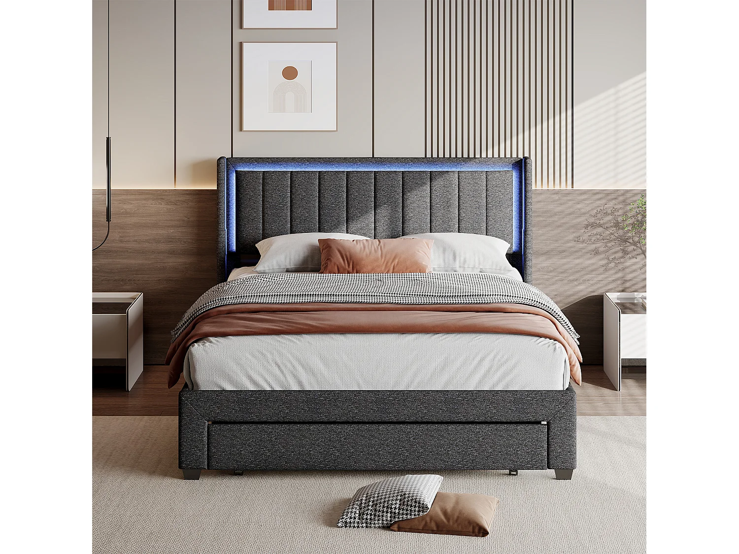 Letto matrimoniale 140 x 200 cm, letto imbottito con LED e 2 porte USB, spazio di archiviazione, grigio