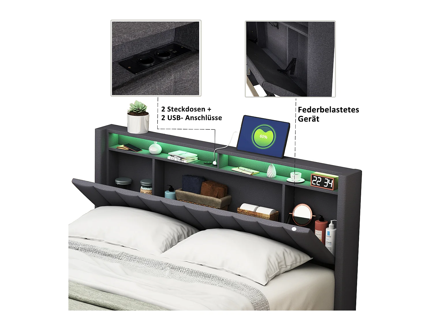 Tweepersoonsbed 160x200, met opbergruimte, gestoffeerde linnen bedden met USB en Type-C, LED, grijs