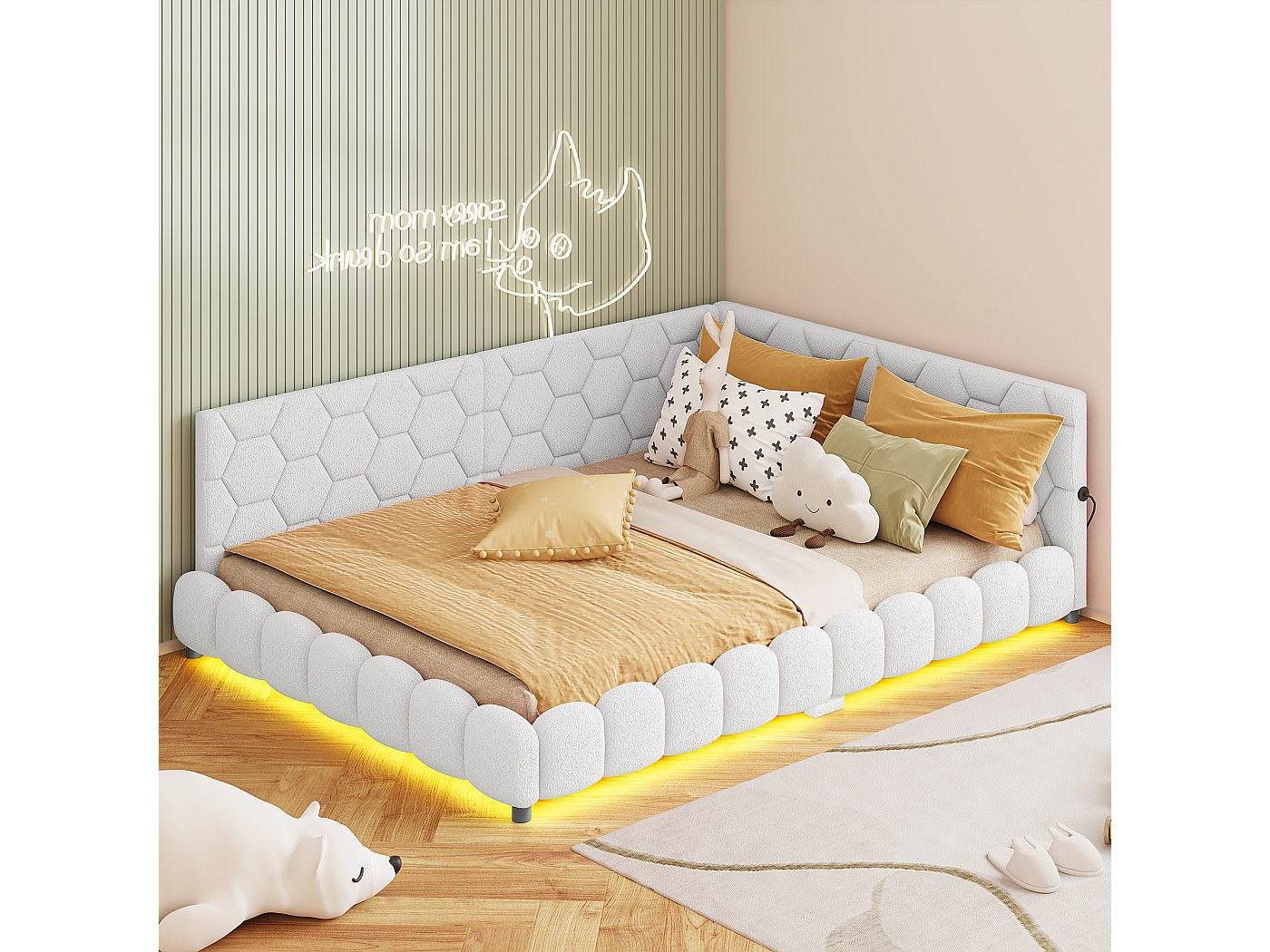 Gestoffeerde Tweepersoonsslaapbank 140 X 200 Cm Met LED En USB Bedframe Met Lattenbodem Wit