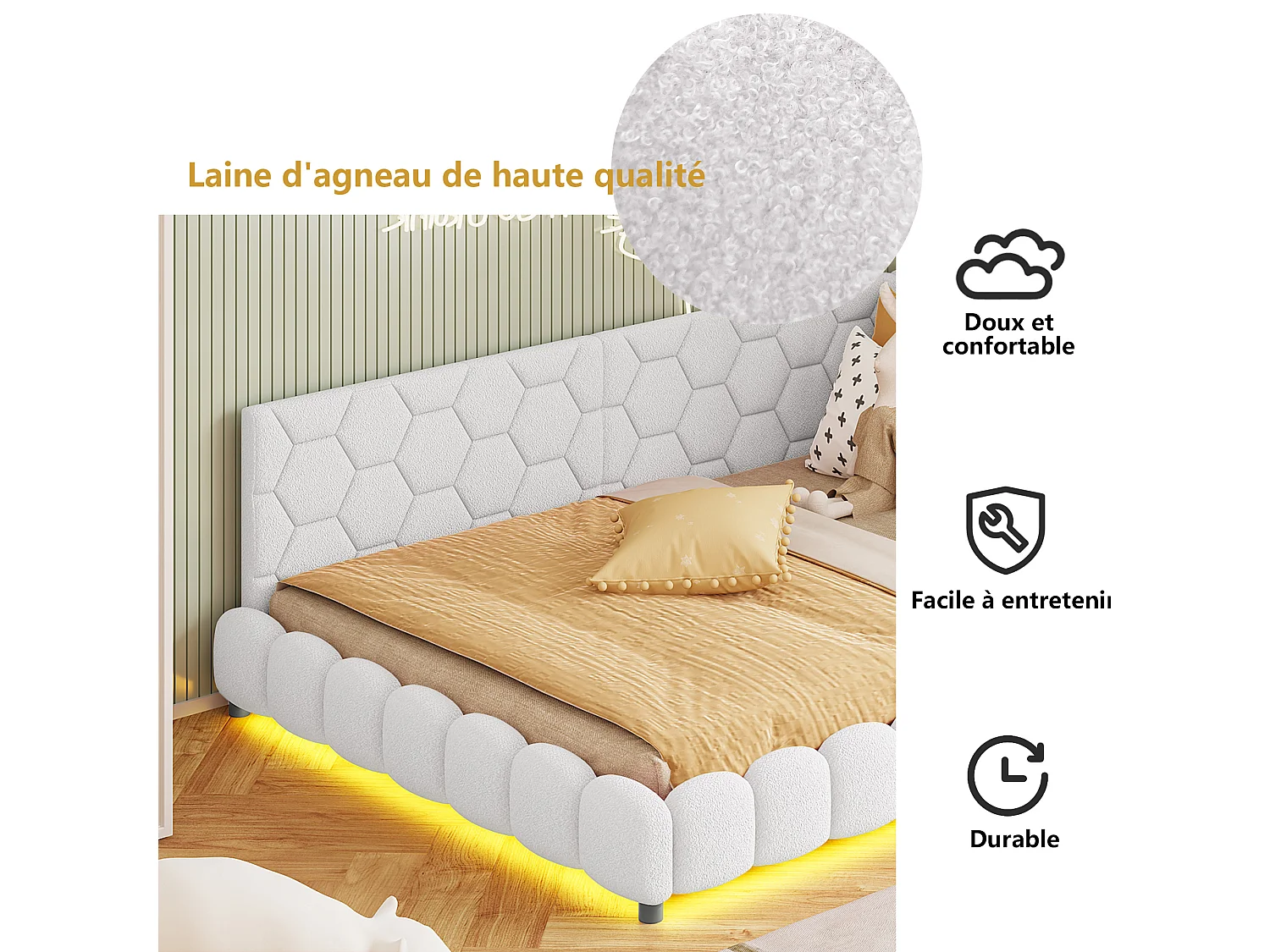 Canapé-lit double rembourré 140 x 200 cm avec LED et USB, cadre de lit avec sommier à lattes, blanc