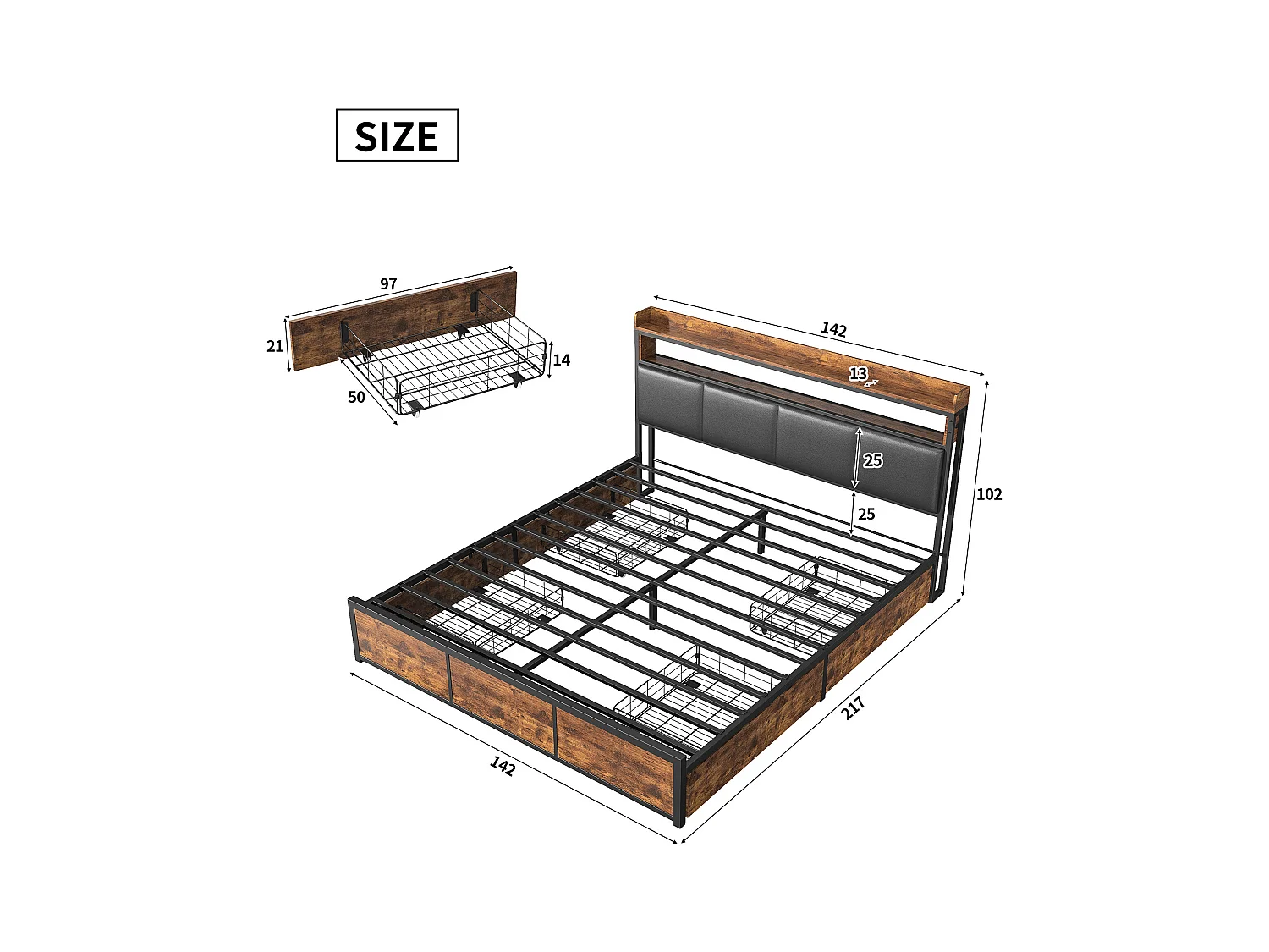Cama de 140x200 con base y LED, cabecero de PU negro, estructura de metal y práctico almacenaje