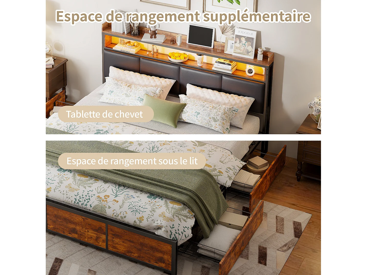 Lit 140x200 avec Sommier et LED, Tête de Lit en PU Noir, Structure en Métal et Rangement Pratique