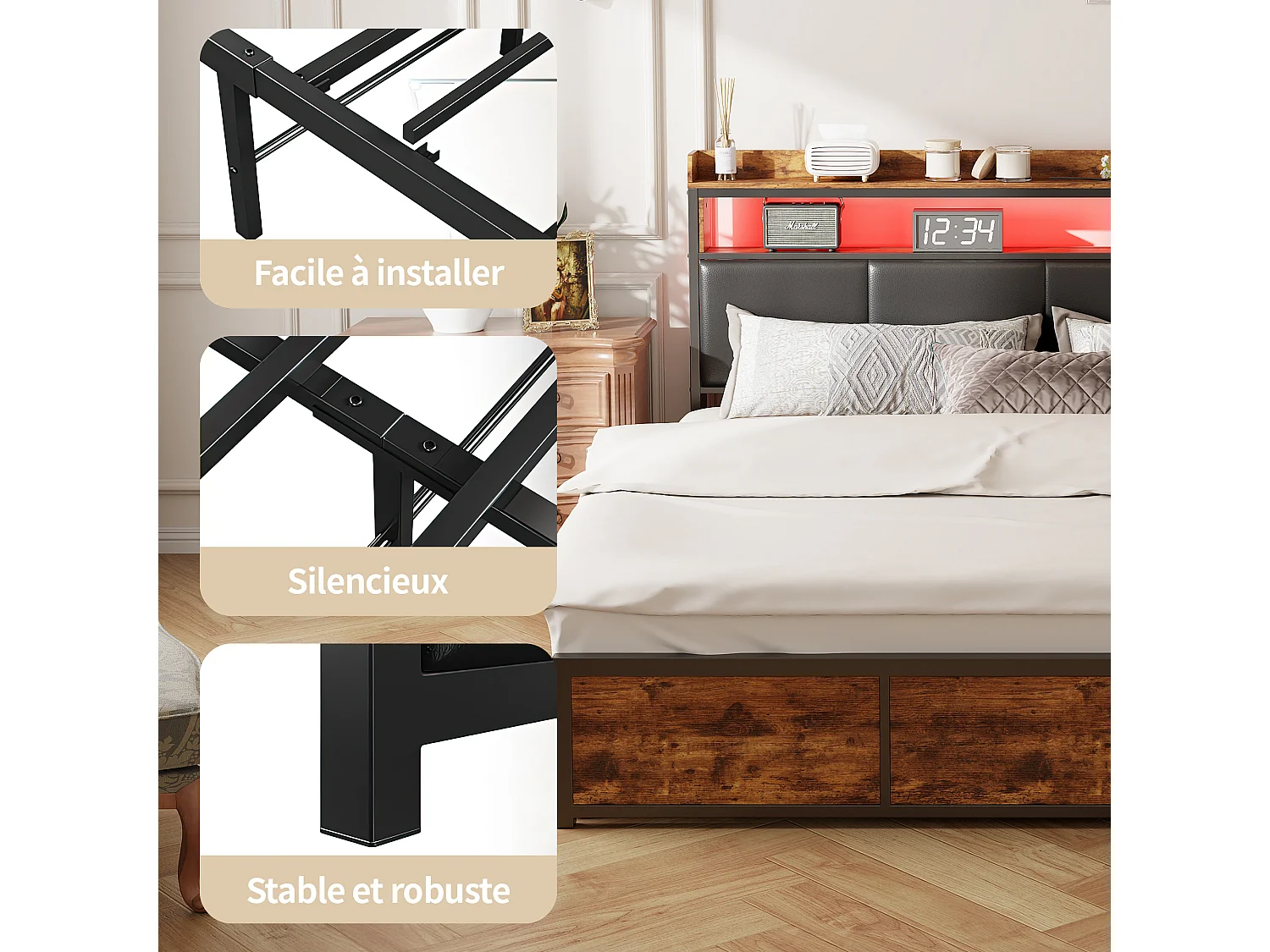 Lit 140x200 avec Sommier et LED, Tête de Lit en PU Noir, Structure en Métal et Rangement Pratique