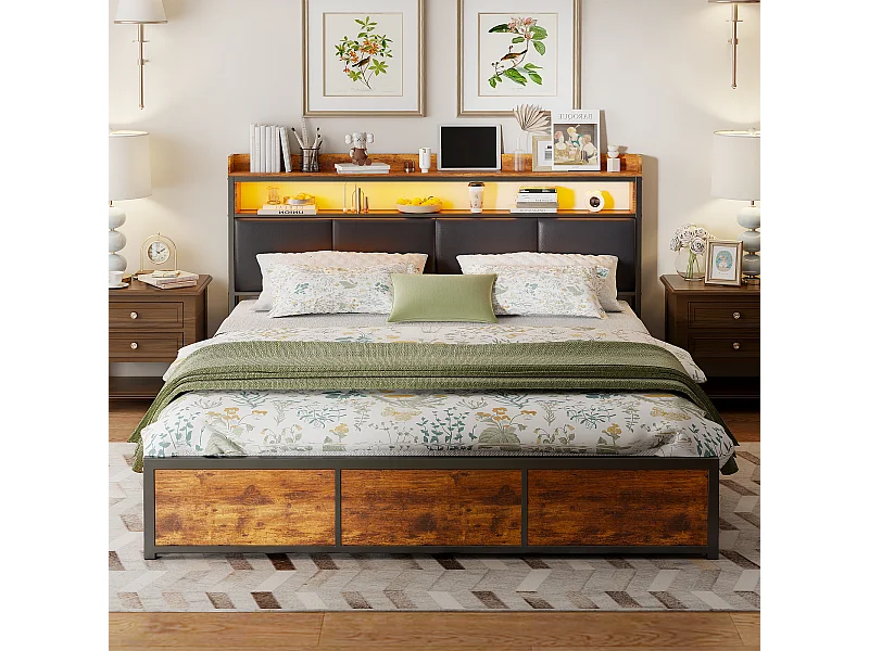 Bed 140x200 met onderstel en LED, zwart PU hoofdbord, metalen frame en praktisch opbergvak