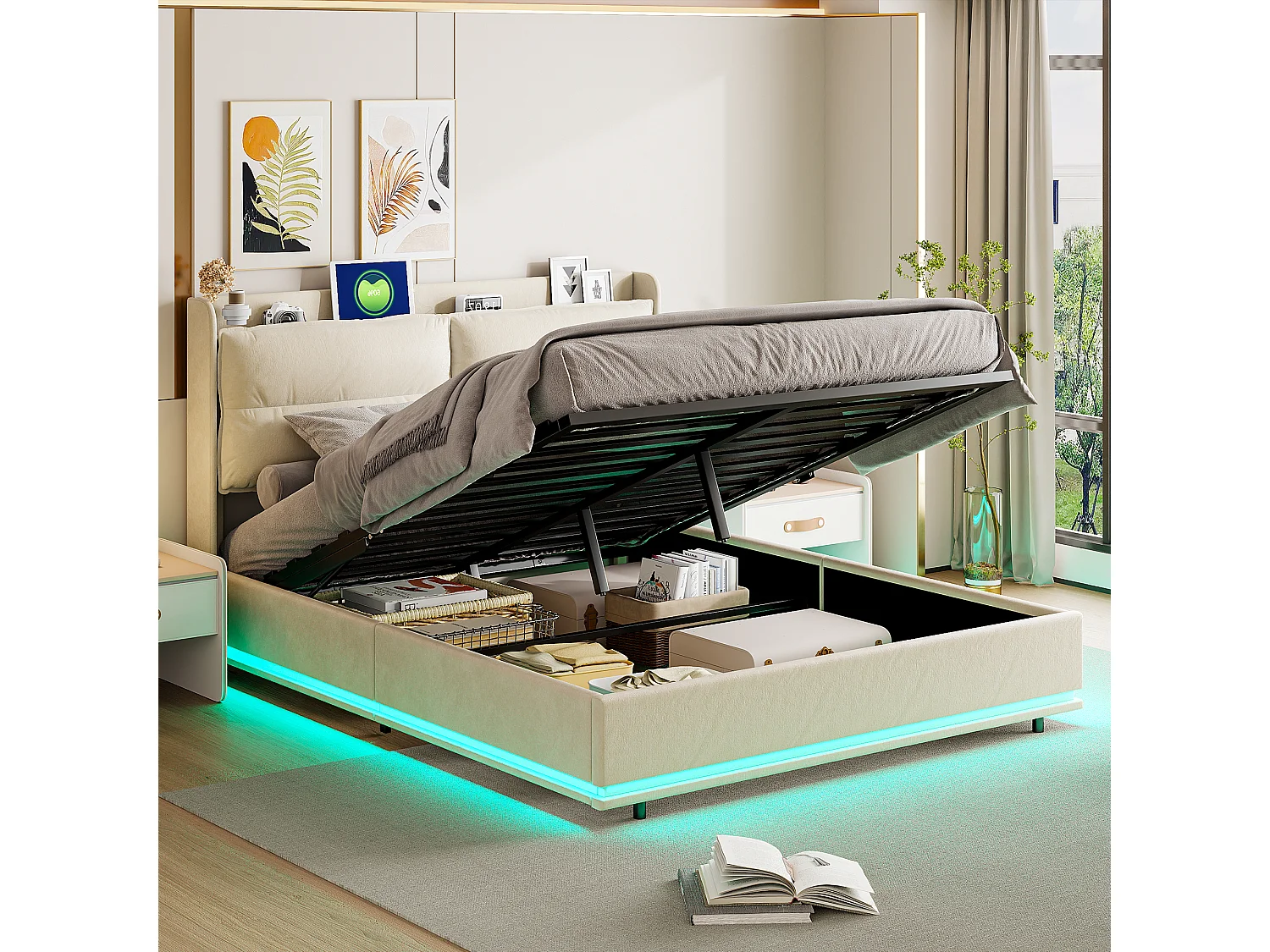 Gestoffeerd bed 140 x 200 cm met lattenbodem en LED, met USB-aansluiting en opbergruimte, Beige