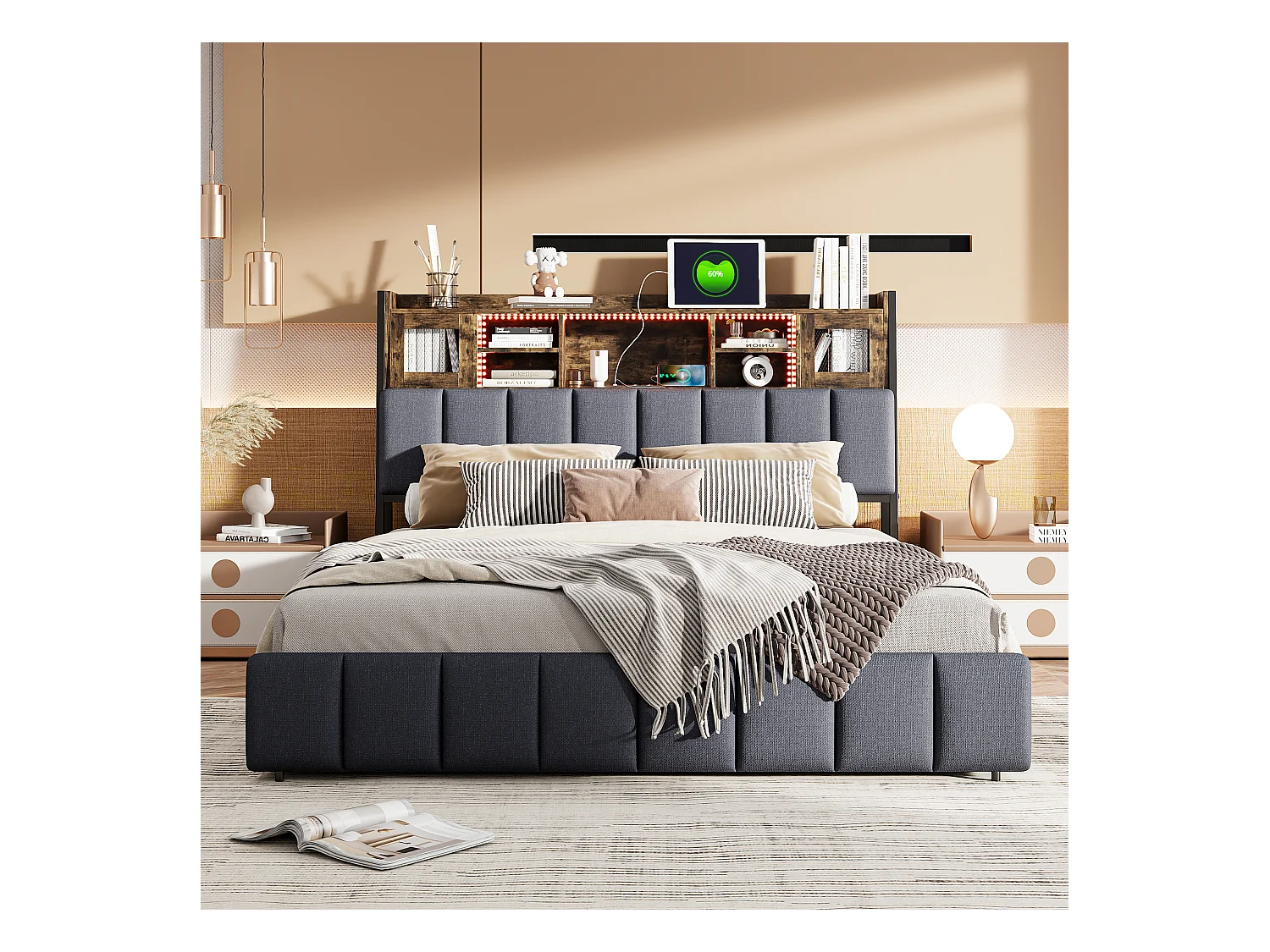 Cama estofada 160 x 200 cm, cabeceira LED com compartimento de arrumação e USB, cama de casal, preta