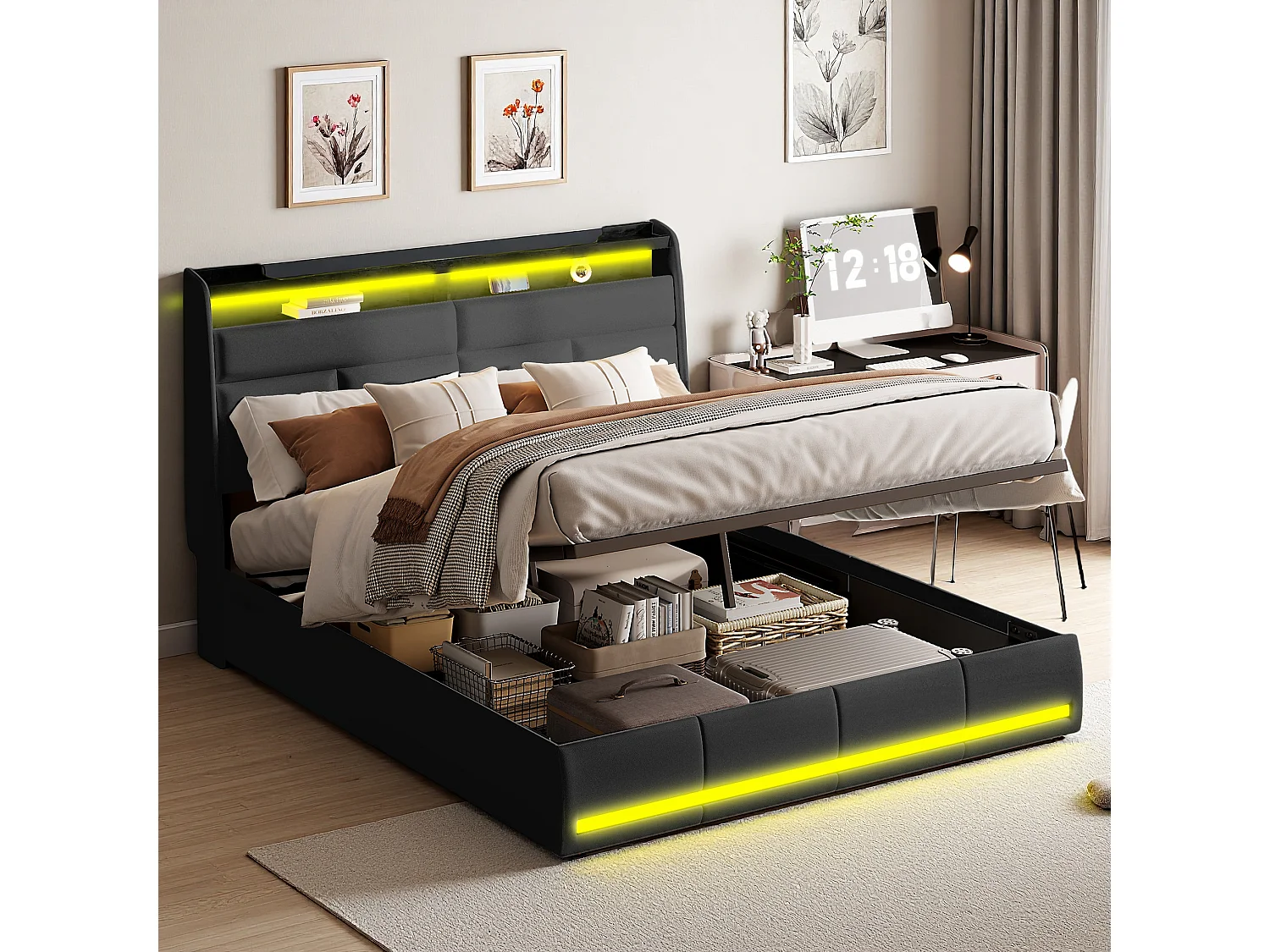 Letto contenitore 160 x 200 cm, con rete a doghe, letto matrimoniale con luce LED in PU, nero