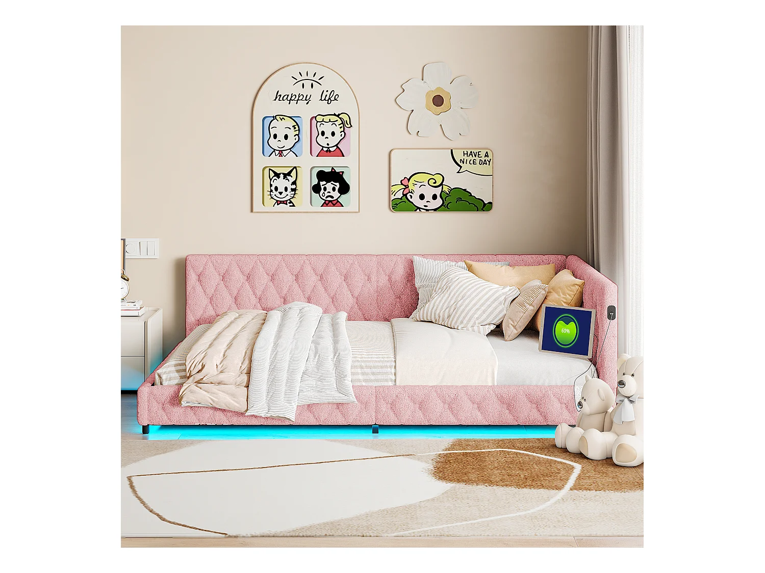 Struttura letto 140x200, Letto Matrimoniale Velvet, con LED e USB, con rete a doghe, rosa