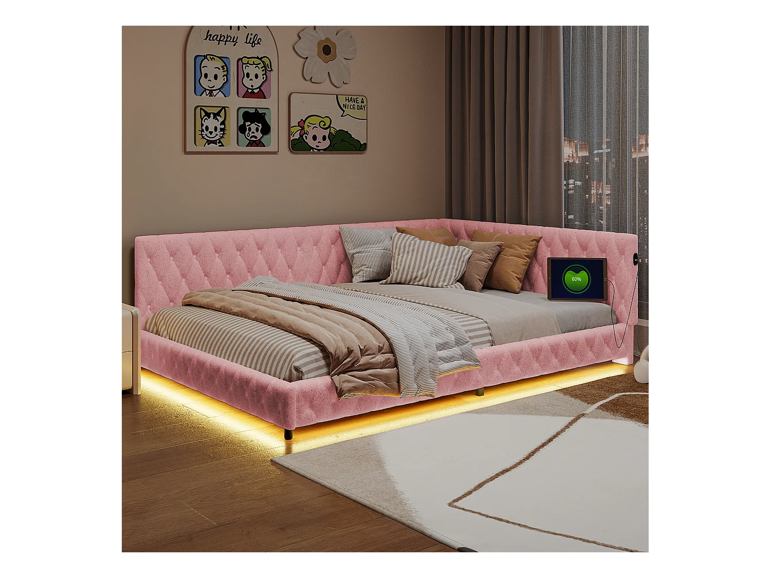 Struttura letto 140x200, Letto Matrimoniale Velvet, con LED e USB, con rete a doghe, rosa