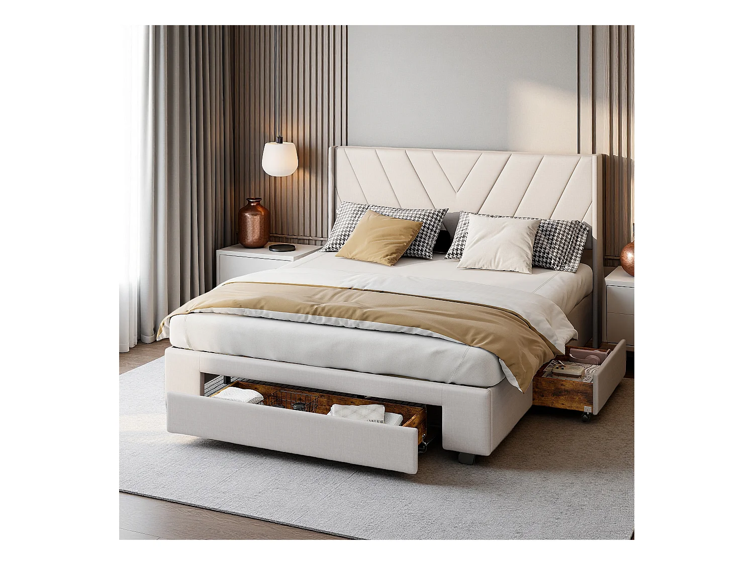 Cama doble 160x200 cm, con base, cama doble con almacenaje, cama doble, beige