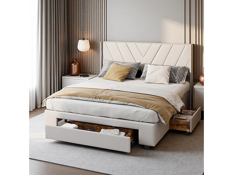 Cama de casal 160x200 cm, com base, cama de casal com armazenamento, cama de casal, bege