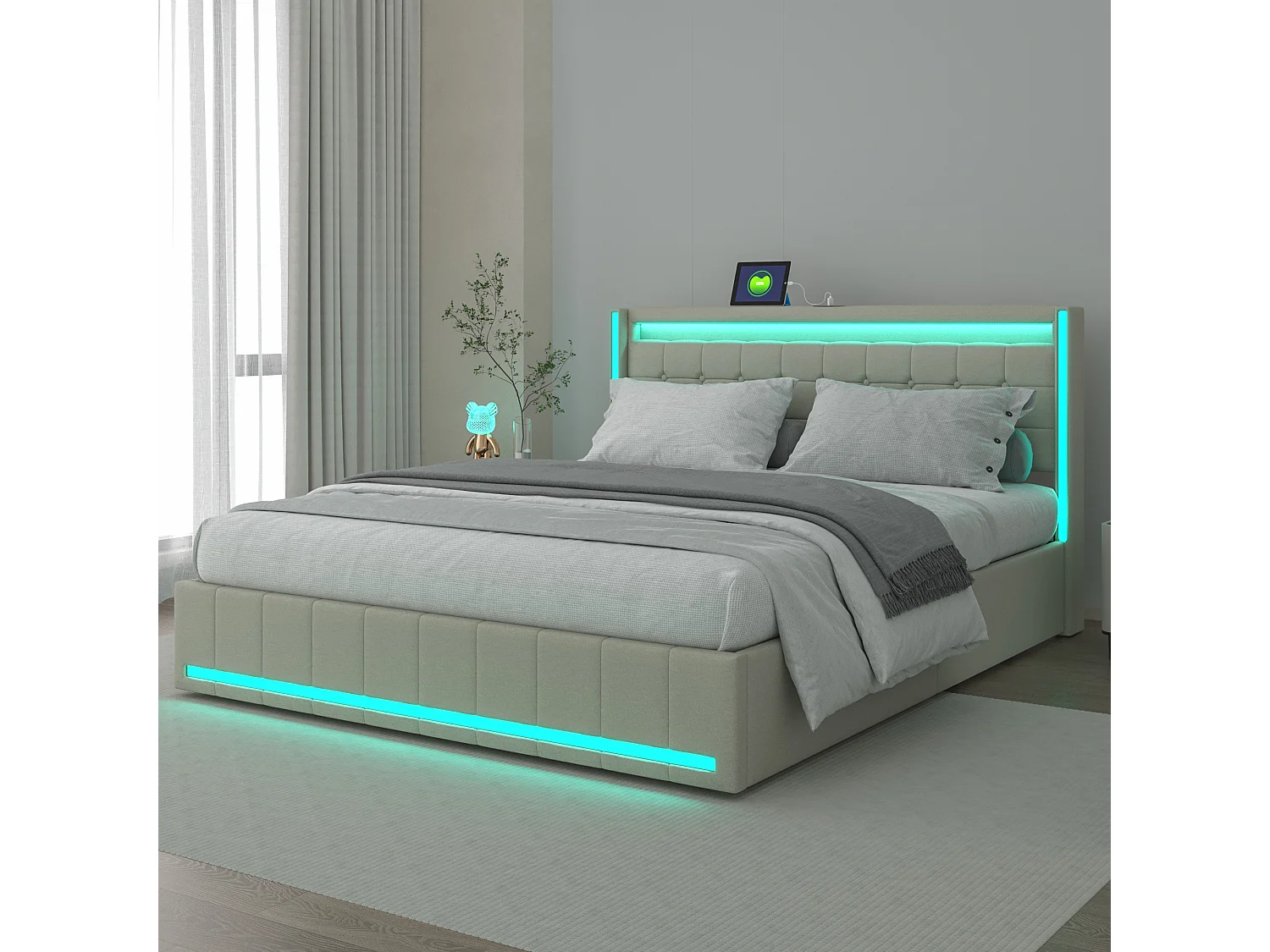 Lit Coffre 140x200 cm, Lit Double capitonné avec USB et Type-C, LED, avec 4 tiroirs, Lin, Beige