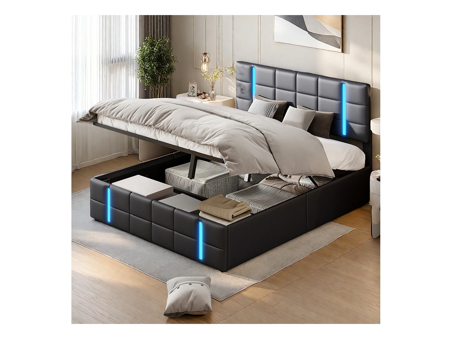 Cama com arrumação 160x200 cm com base, cama de casal estofada com iluminação LED e porta USB, PU, preta