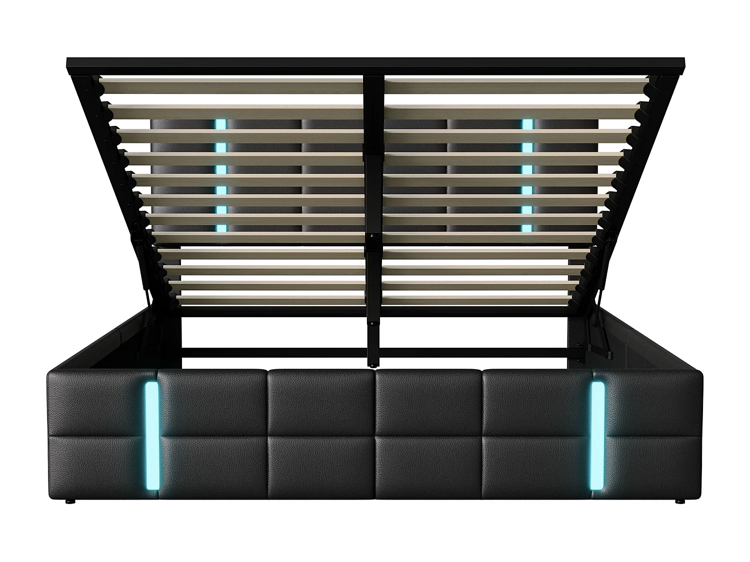 Cama com arrumação 160x200 cm com base, cama de casal estofada com iluminação LED e porta USB, PU, preta