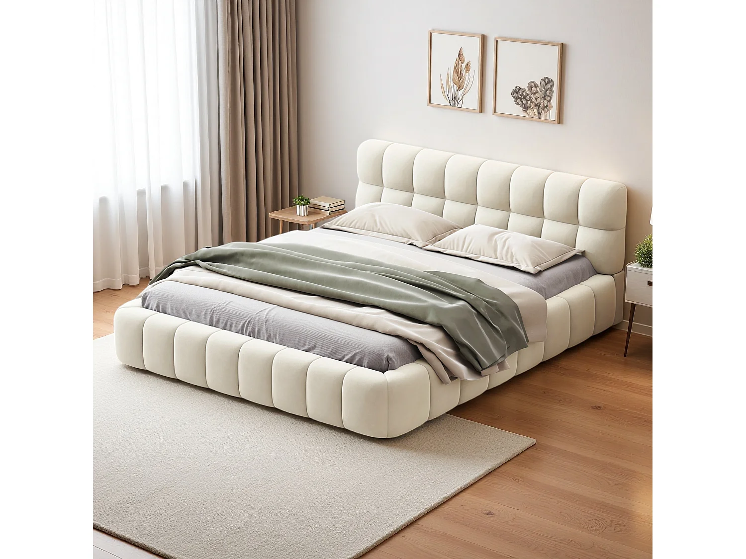 Bubble Bett 160 x 200 cm mit Lattenrost und Rückenlehne, Polsterbett Doppelbett, Leinen, Beige