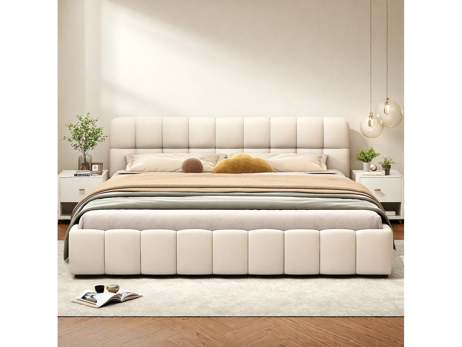 Bubble Bett 160 x 200 cm mit Lattenrost und Rückenlehne, Polsterbett Doppelbett, Leinen, Beige
