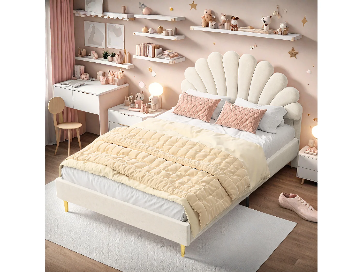 Tweepersoonsbed 140 x 200 cm, gestoffeerd, met bloemvormig hoofdbord en lattenbodem, Beige