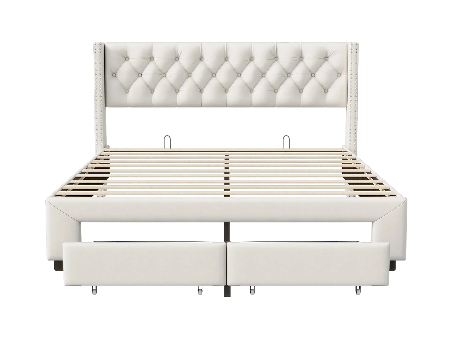 Estrutura de cama 160 x 200 com gavetas, cama estofada com LED e USB, cama estofada em veludo, bege