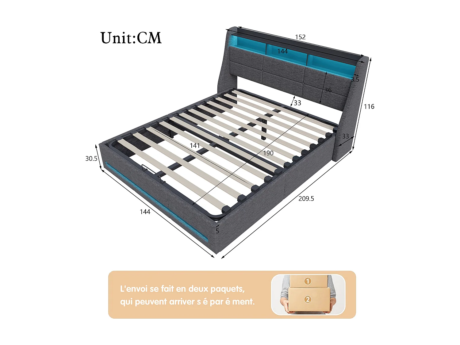 140 x 190 cm großes Bett mit LED- und USB-Beleuchtung, Lattenrost, Doppelbett mit Stauraum, Leinenbezug, Grau