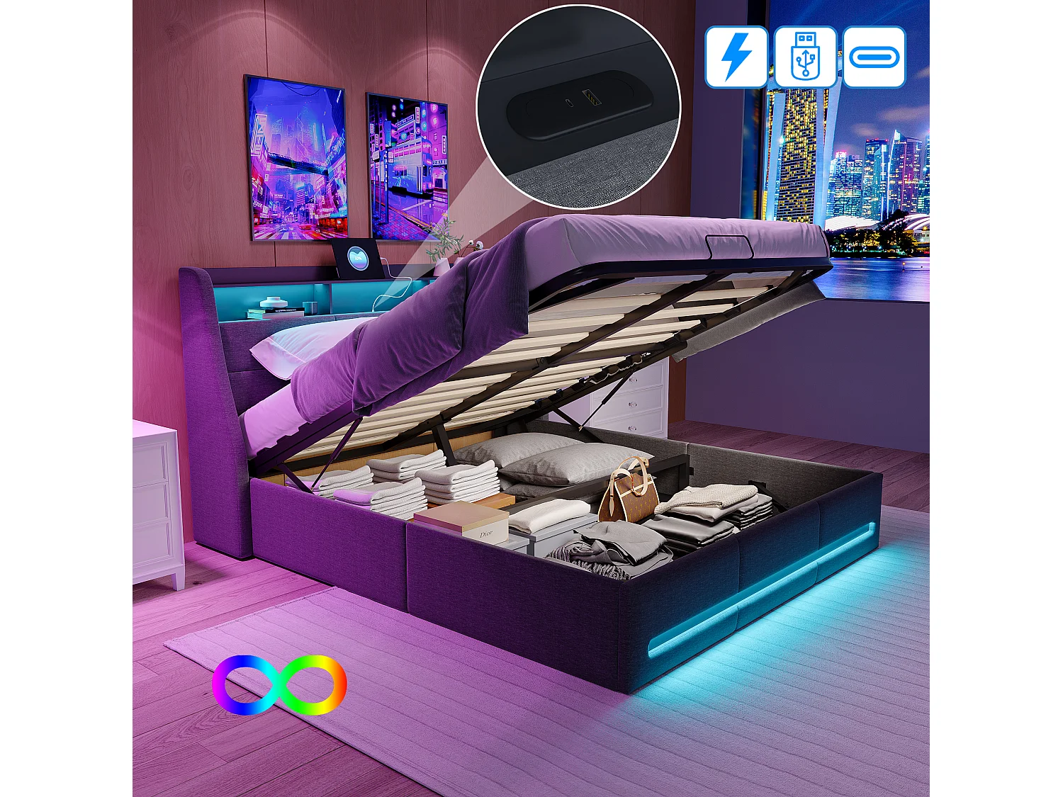 140 x 190 cm großes Bett mit LED- und USB-Beleuchtung, Lattenrost, Doppelbett mit Stauraum, Leinenbezug, Grau