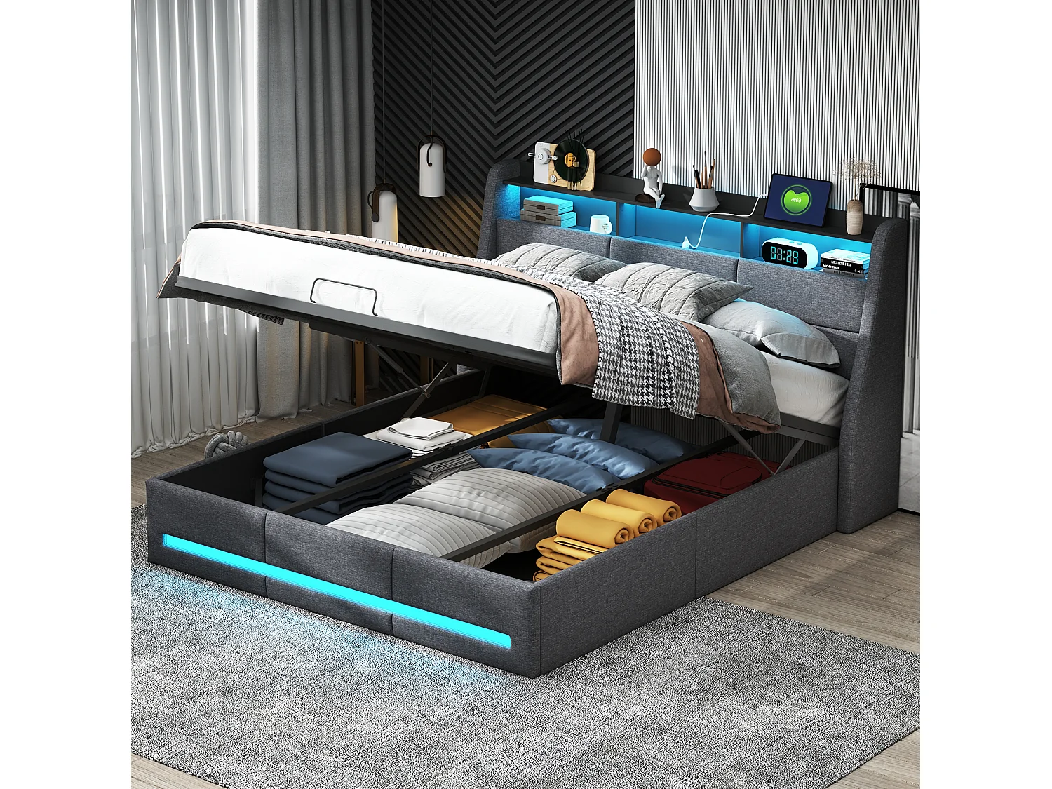 140 x 190 cm großes Bett mit LED- und USB-Beleuchtung, Lattenrost, Doppelbett mit Stauraum, Leinenbezug, Grau