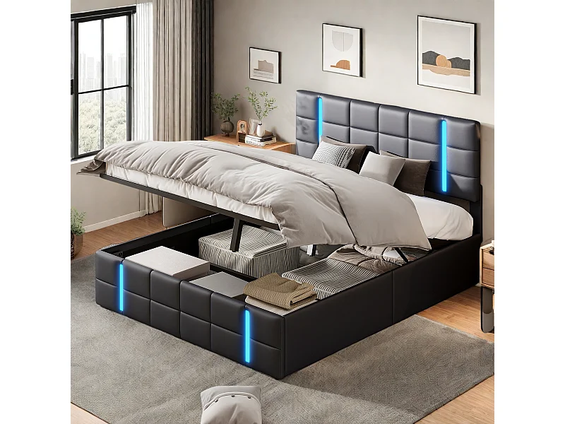 Cama com arrumação 140x200 cm com base, cama de casal estofada com iluminação LED e porta USB, PU, preta