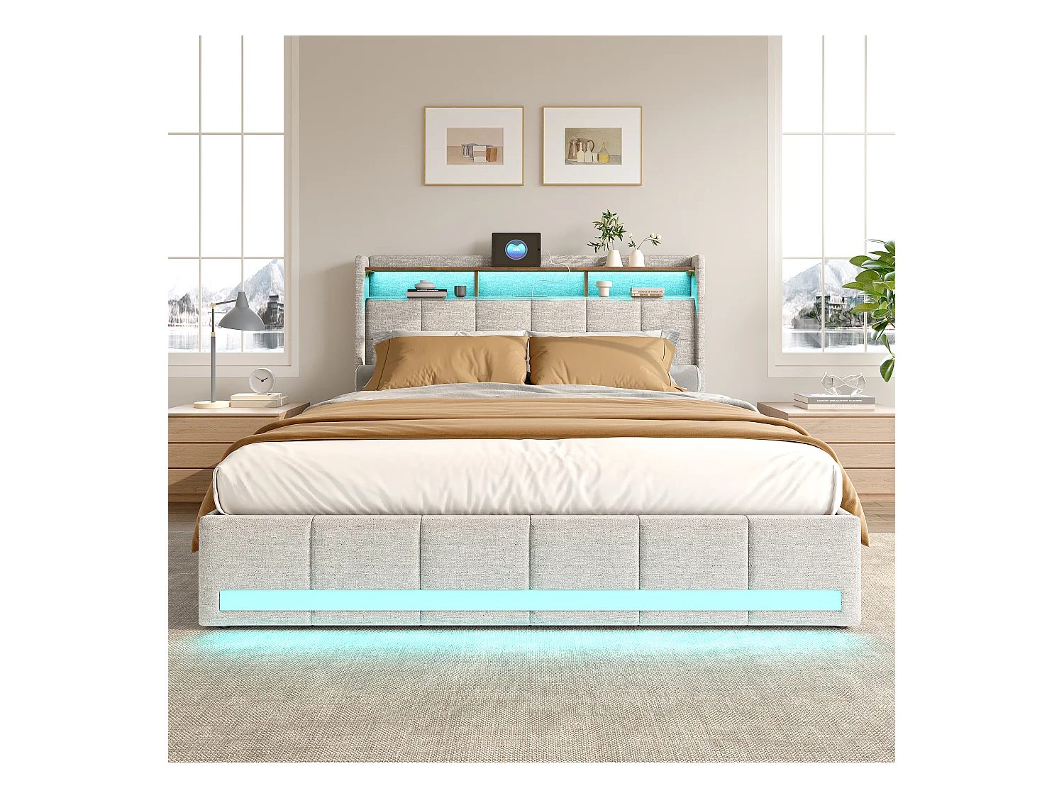 Cama doble 160x200 cm con base, LED y USB, 4 cajones y cabecero con almacenaje, lino, beige