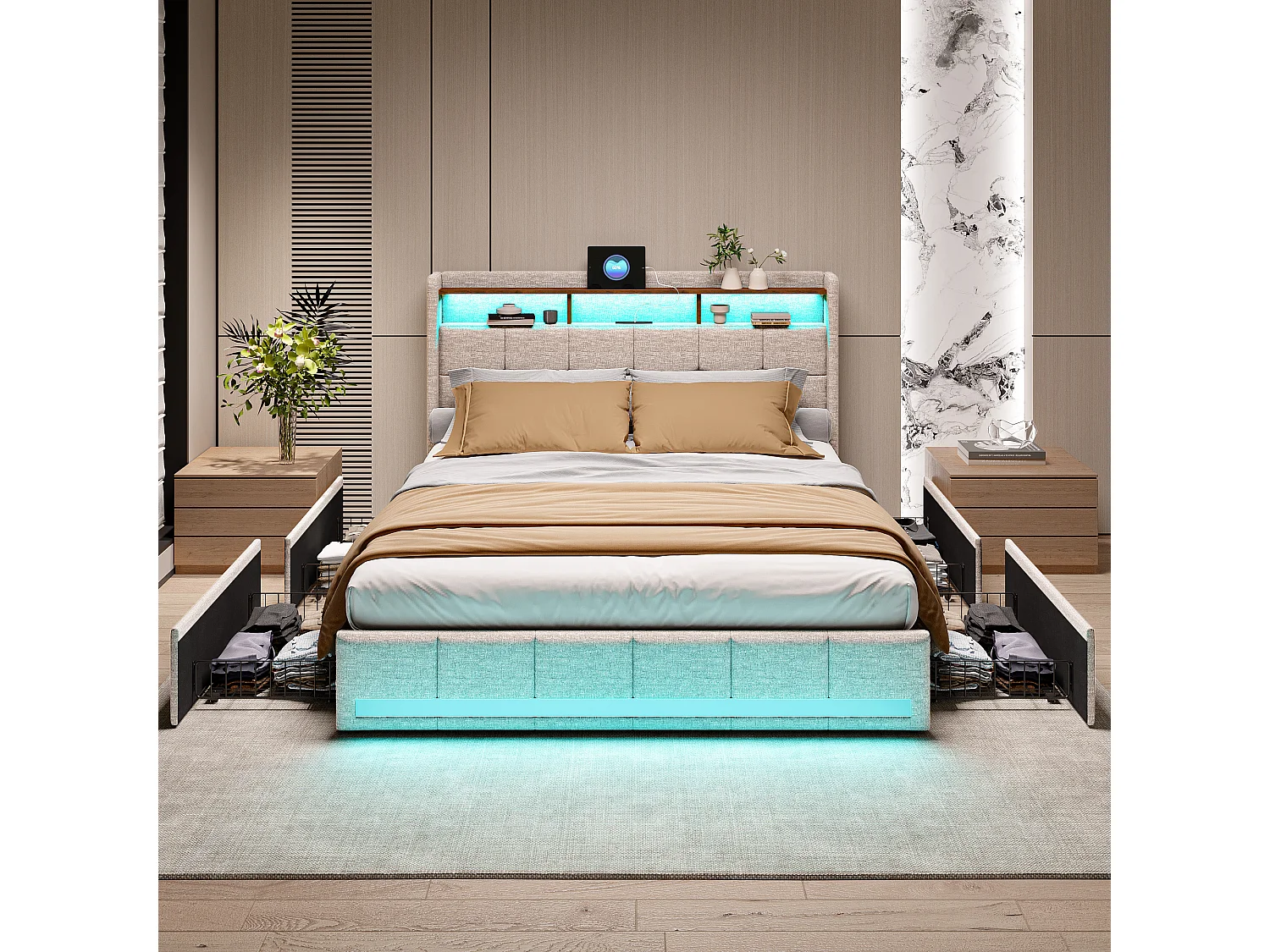 Tweepersoonsbed 160x200 cm met lattenbodem, LED en USB, 4 lades en opberghoofdeinde, linnen, beige