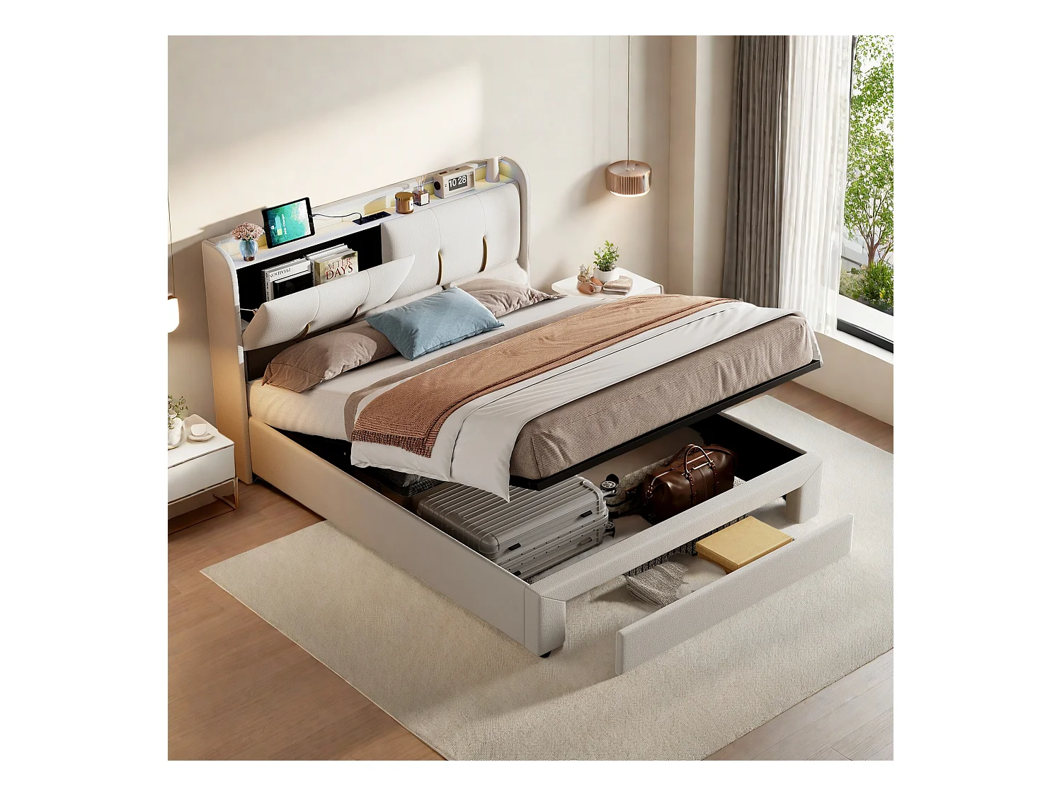 Letto contenitore 140x200 cm con LED e USB, letto matrimoniale imbottito con cassetti, velluto, beige