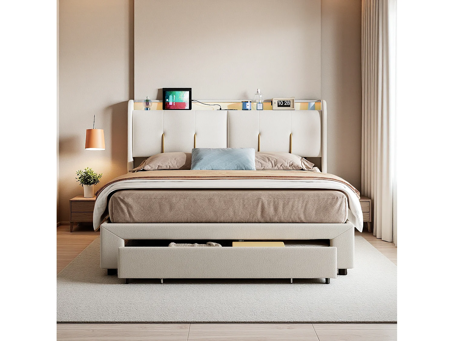 Lit Coffre 140x200 cm avec LED et USB, Lit Double Rembourré avec Tiroirs, Velours, Beige