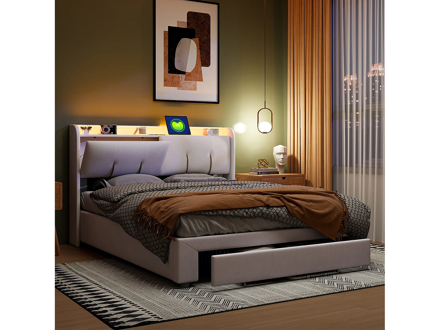 Lit Coffre 140x200 cm avec LED et USB, Lit Double Rembourré avec Tiroirs, Velours, Beige