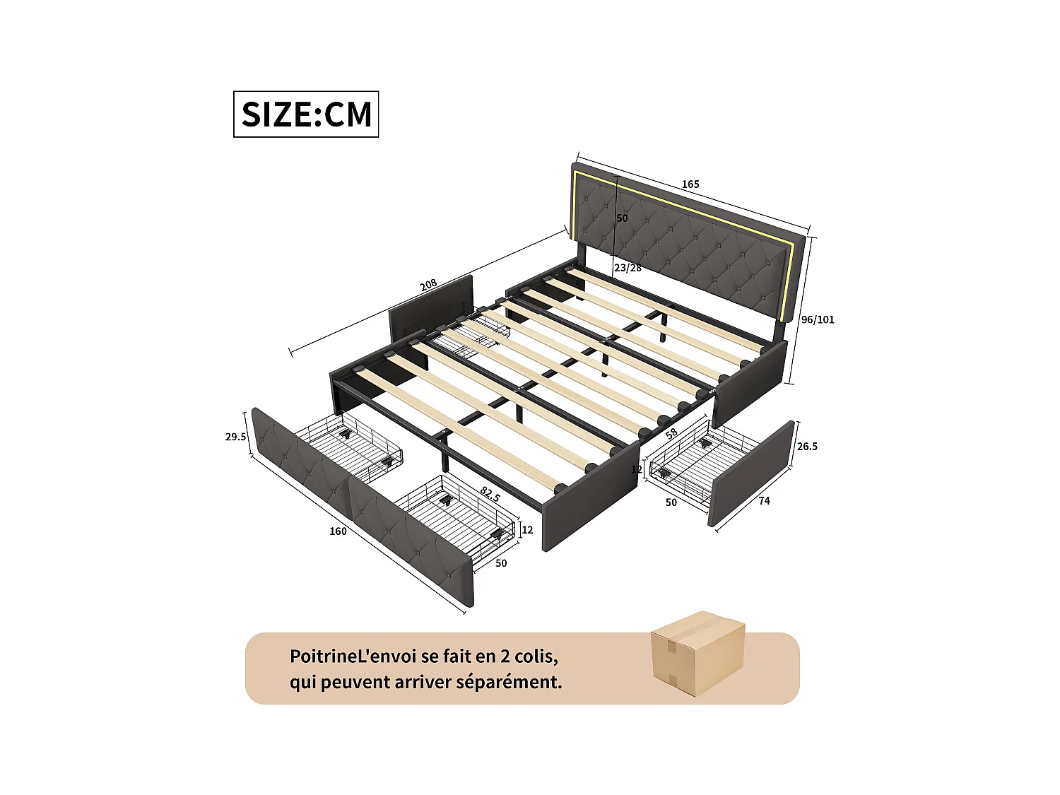 Letto imbottito 160x200cm con LED, con 4 cassetti contenitore, con rete a doghe, PU, grigio