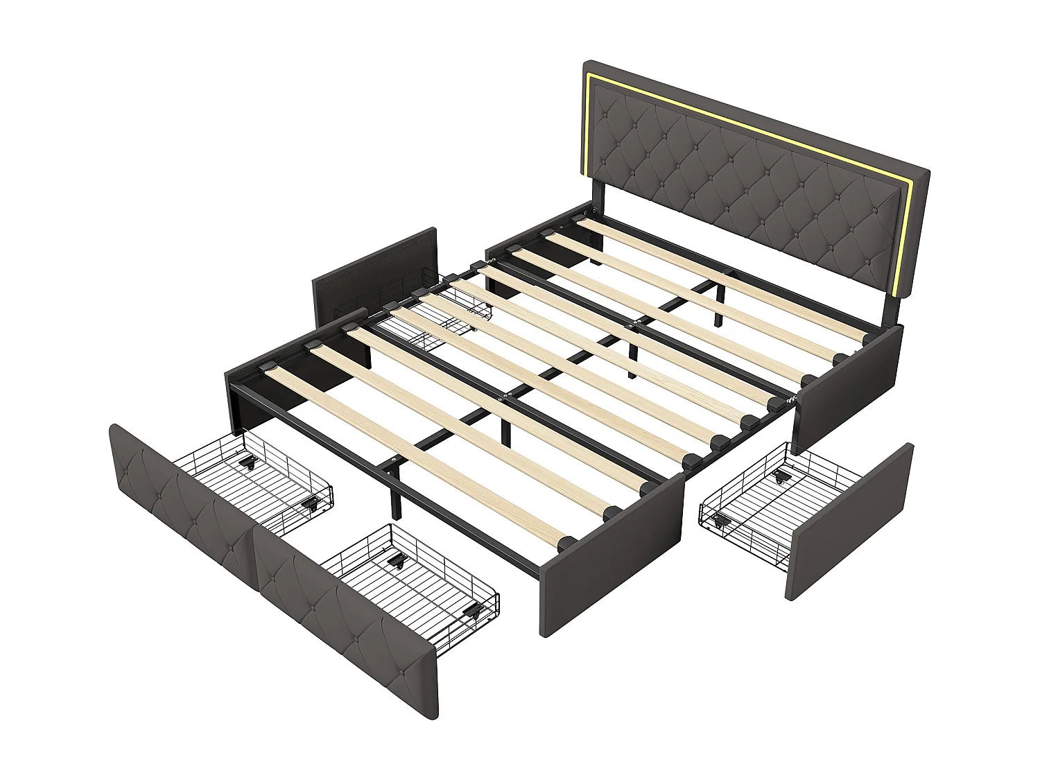 Gestoffeerd bed 160x200cm met ledverlichting, 4 opberglades en lattenbodem, PU-leer, grijs