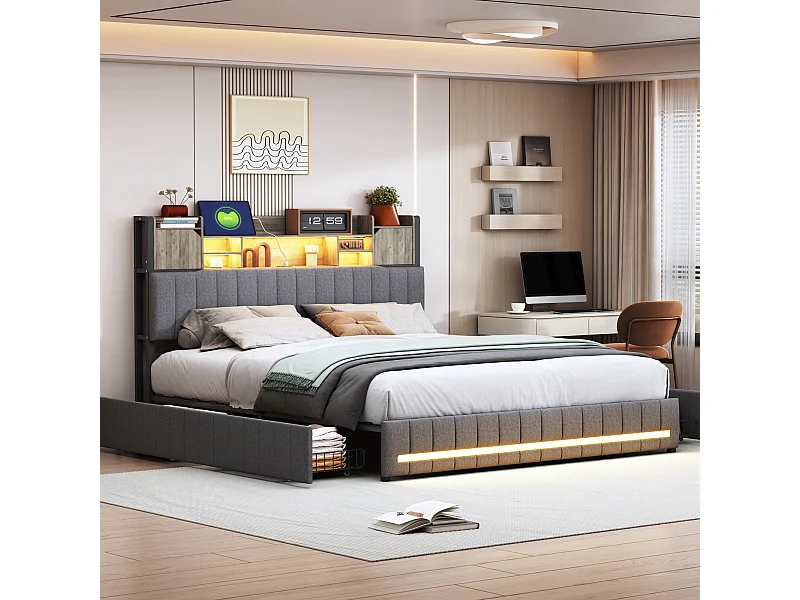 Bed 140x190 met LED en USB, gestoffeerd tweepersoonsbed met lattenbodem en 4 lades, linnen, grijs