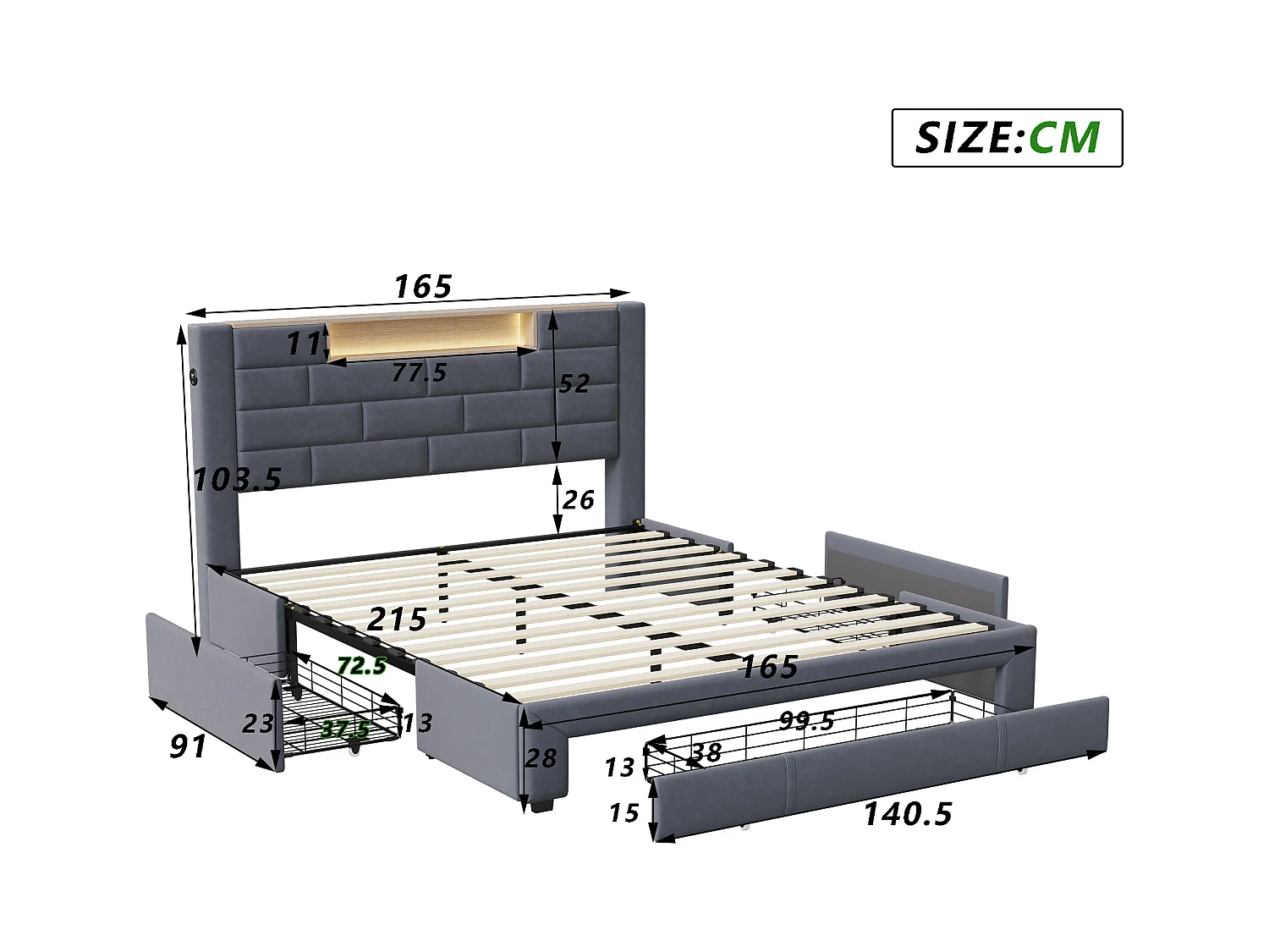 Cama de casal estofada 160x200 cm, cama com arrumação e 3 gavetas, com USB e LED, veludo, cinza