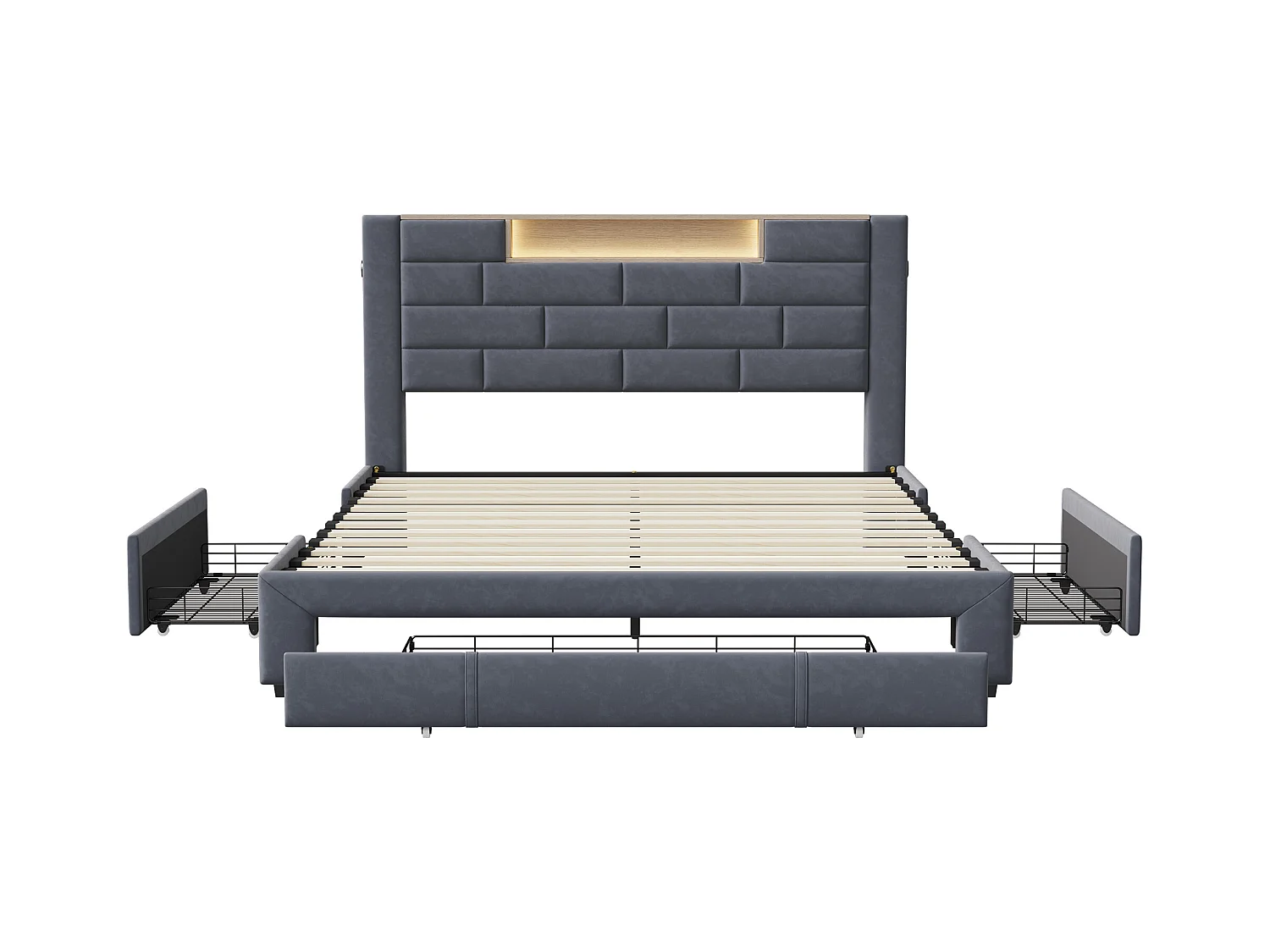 Cama de casal estofada 160x200 cm, cama com arrumação e 3 gavetas, com USB e LED, veludo, cinza