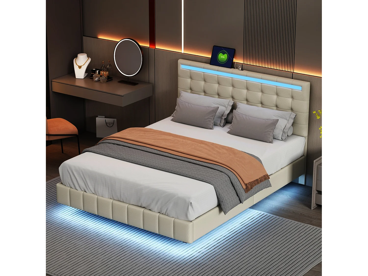 Bed van 160 x 200 cm met ledverlichting en verstelbaar hoofdeinde, lattenbodem, linnen bekleding, beige
