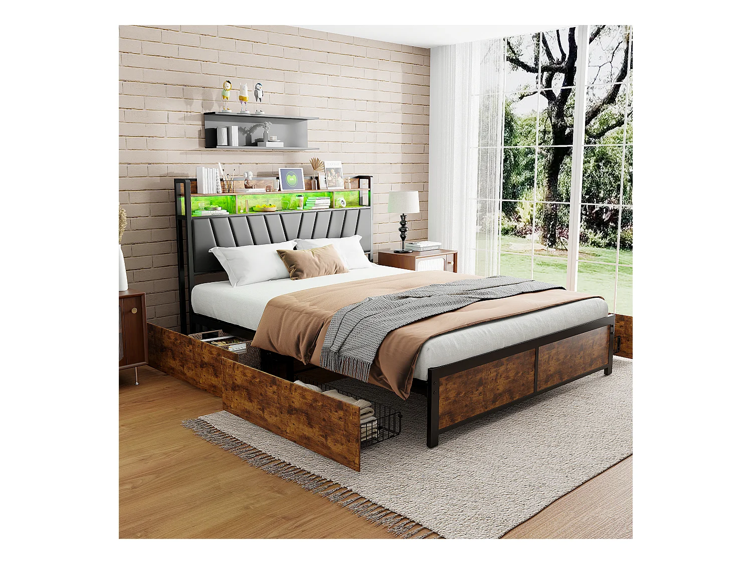 Cama doble de metal 180x200 cm, con LED y USB, 4 cajones, con somier de láminas, Color negro