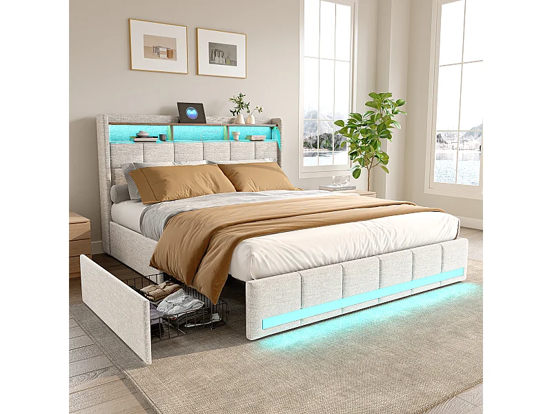 Lit Double 140x190 avec Sommier, LED et USB, 4 Tiroirs et Tête de Lit de Rangement, en Lin, Beige