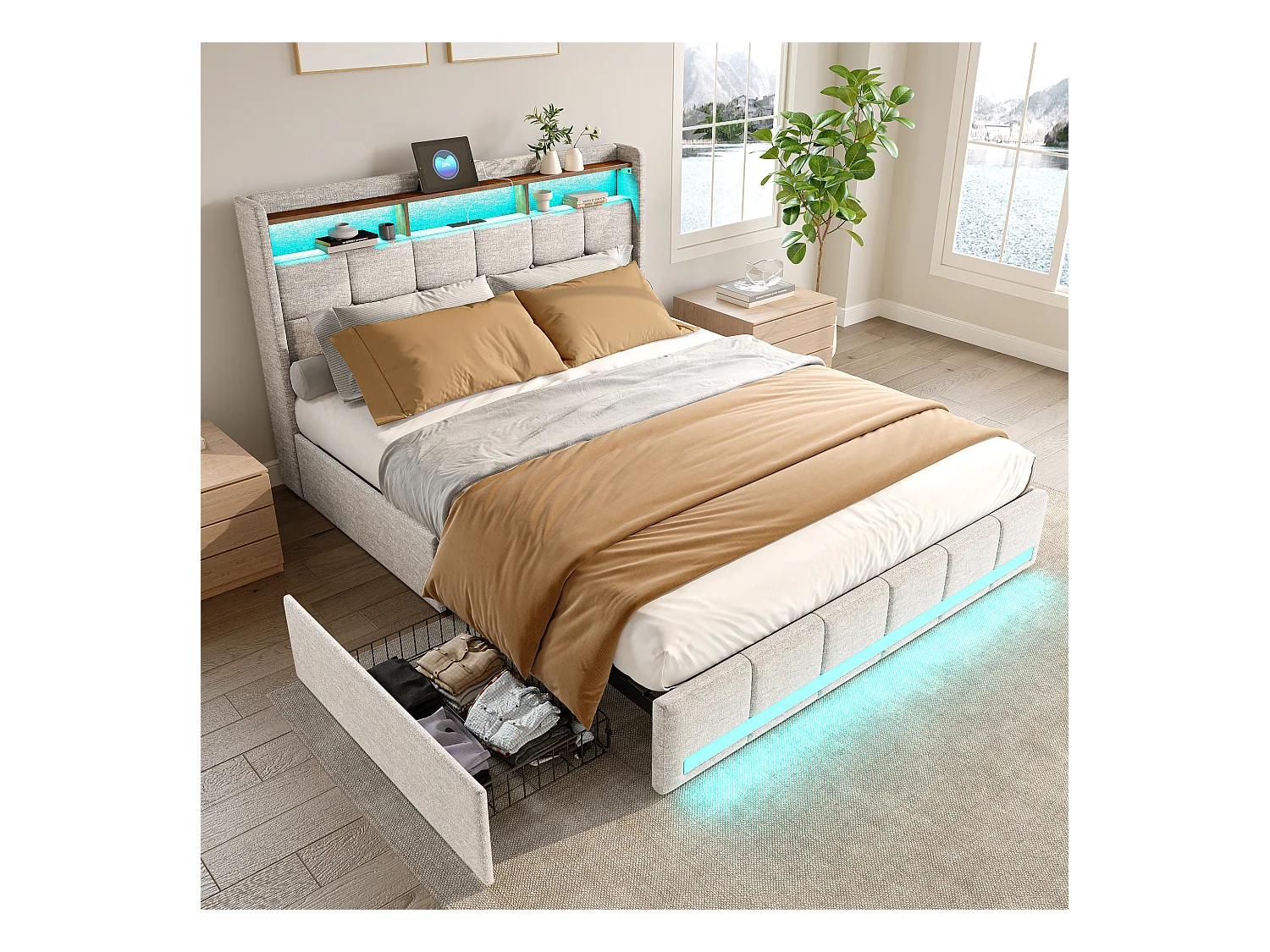 Lit Double 140x190 avec Sommier, LED et USB, 4 Tiroirs et Tête de Lit de Rangement, en Lin, Beige