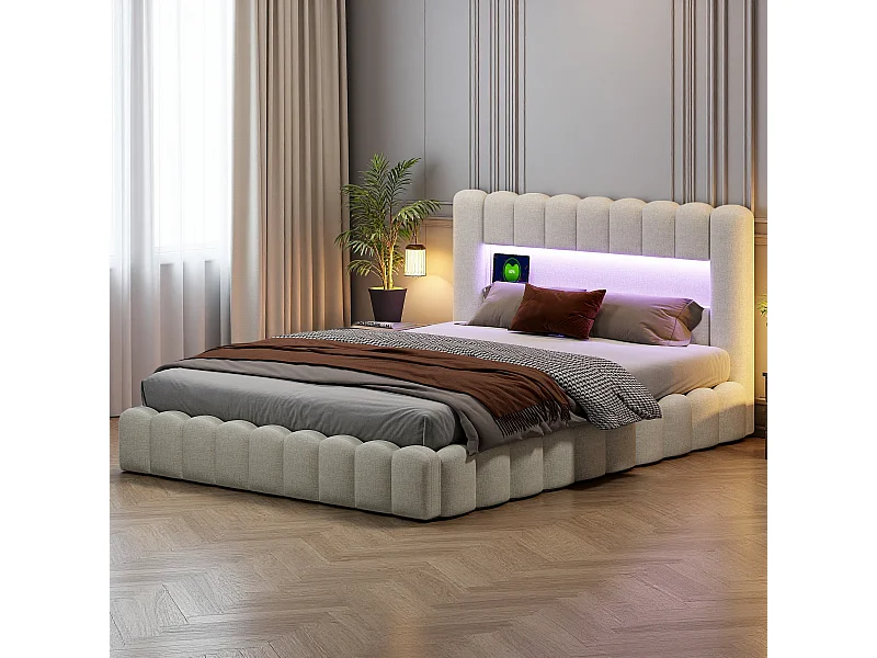 Letto matrimoniale imbottito, bubble, 180 x 200 cm, con LED e USB, letto contenitore, Beige