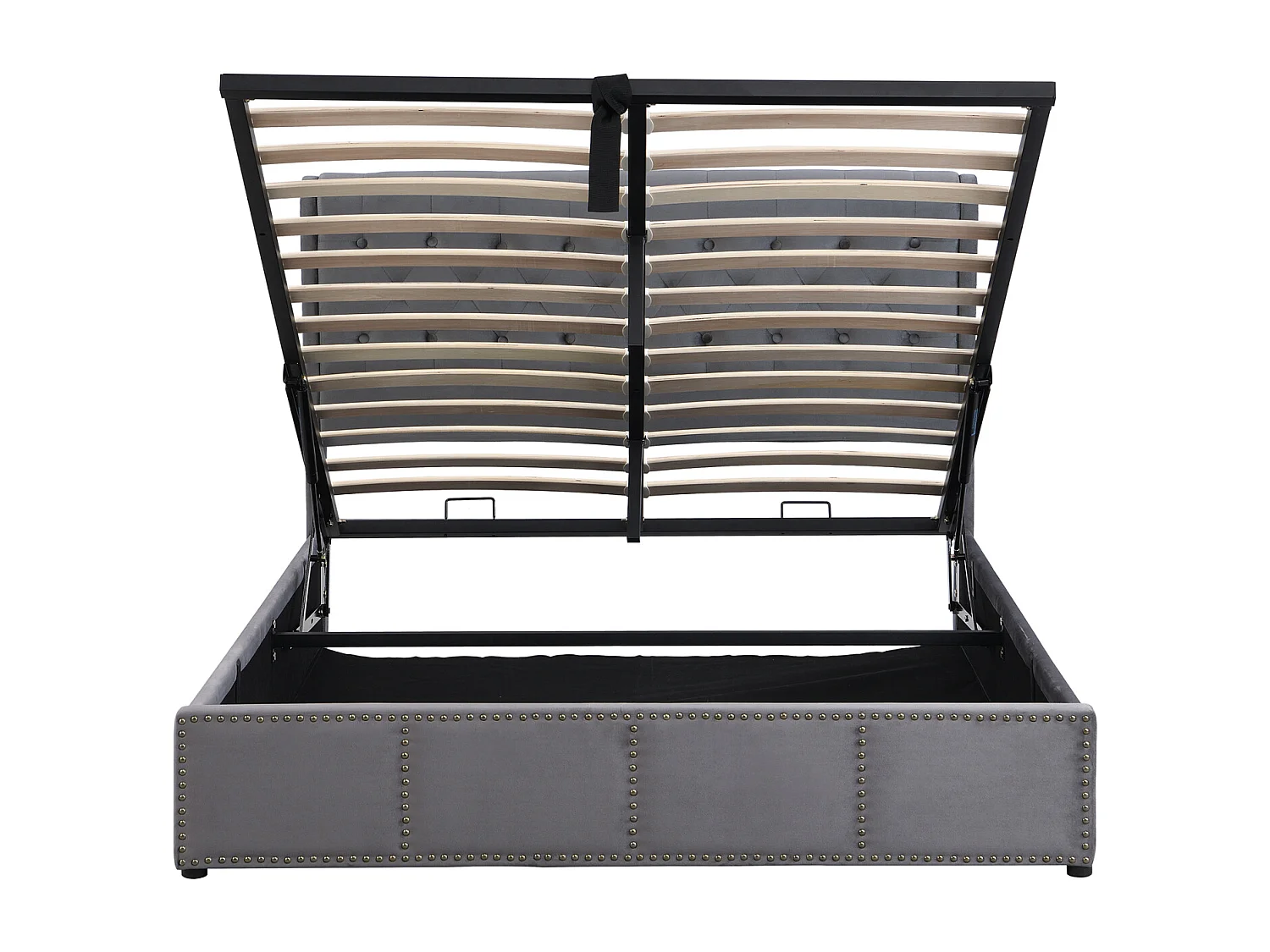 Cama de 160 x 200 cm con somier, compartimentos y remaches decorativos, cama doble con somier, gris