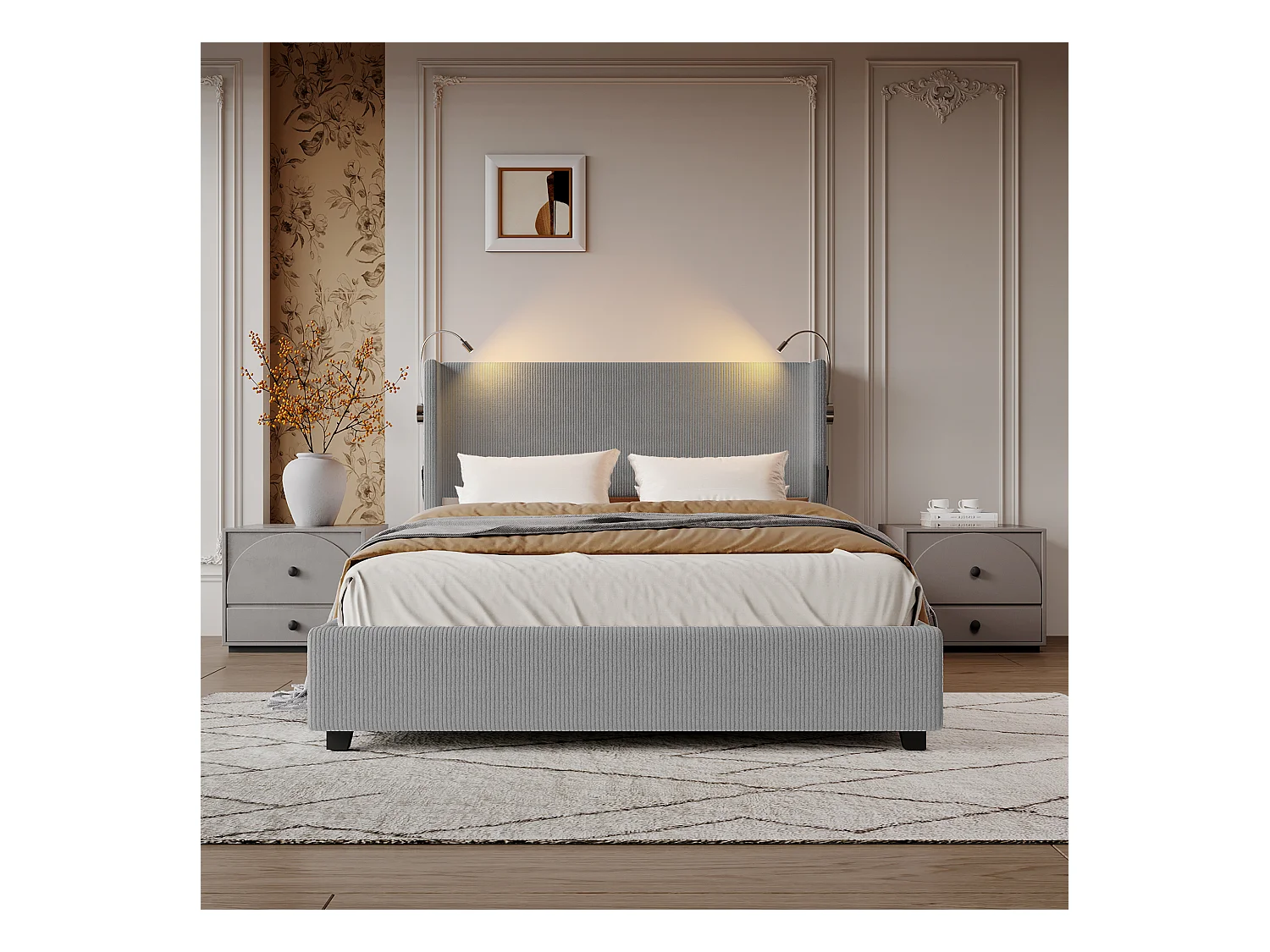 Letto 140 x 200 con base contenitore, letto matrimoniale con luce di lettura, USB e funzione contenitore, grigio