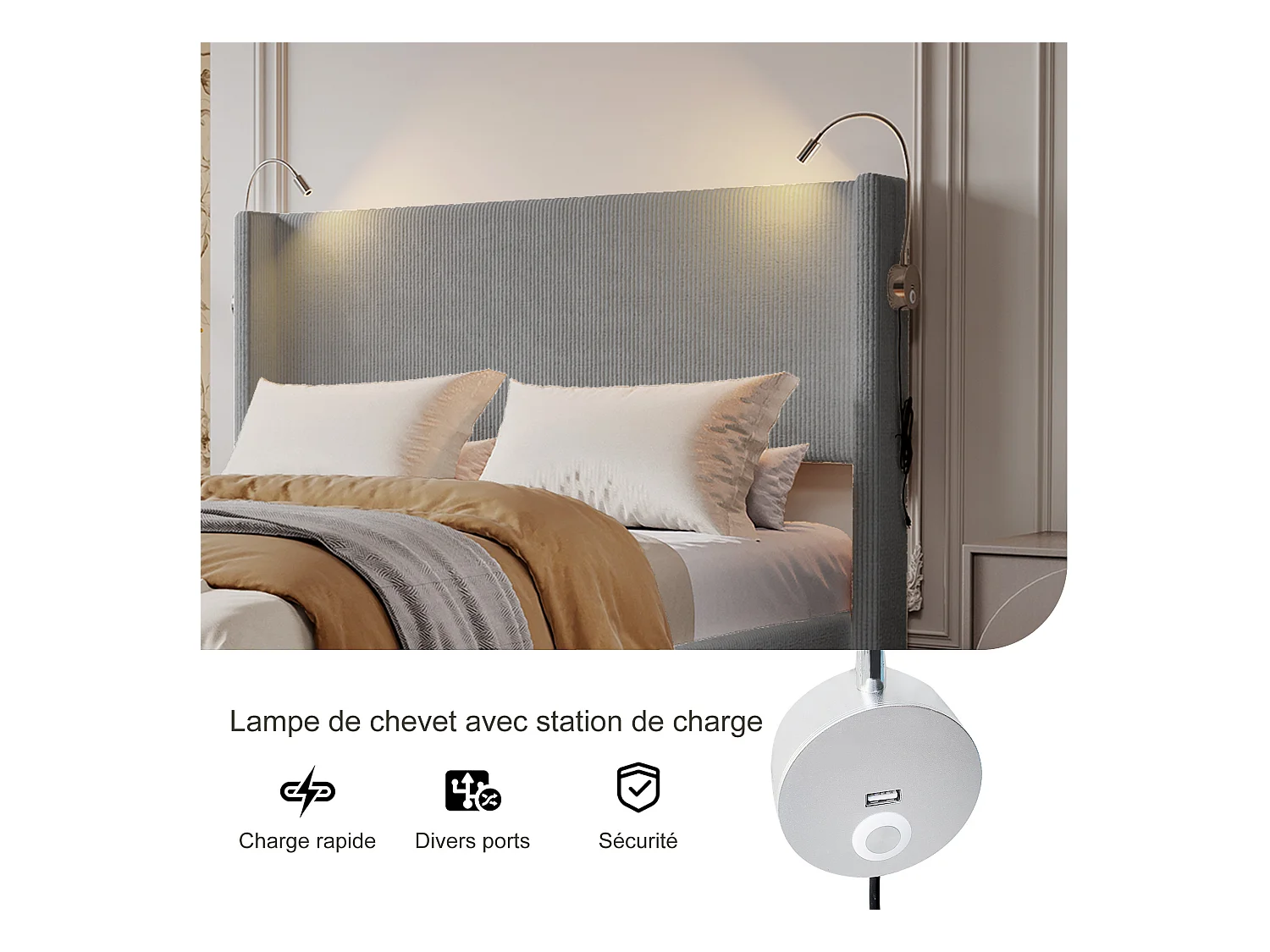 Letto 140 x 200 con base contenitore, letto matrimoniale con luce di lettura, USB e funzione contenitore, grigio